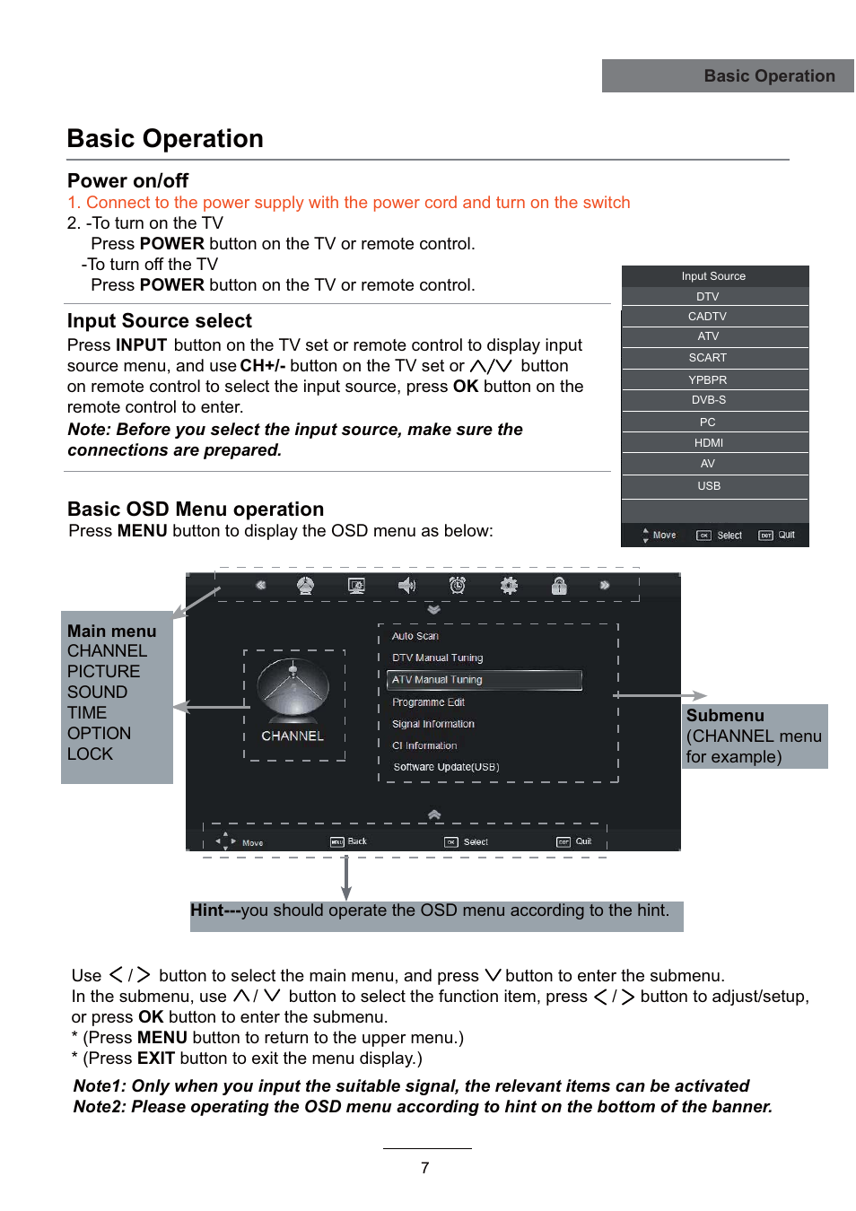 Basic operation, Power on/off, Input source select | Basic osd menu operation | Lenco LED-2215 User Manual | Page 9 / 42