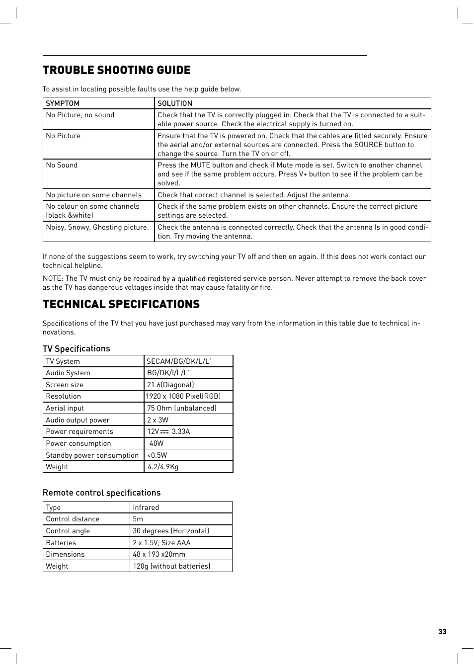 Trouble shooting guide, Technical specifications | Lenco LED-2217 User Manual | Page 34 / 35