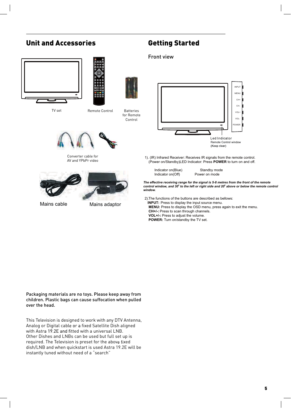 Unit and accessories, Getting started, Front view | Mains adaptor mains cable | Lenco LED-2217 User Manual | Page 6 / 35