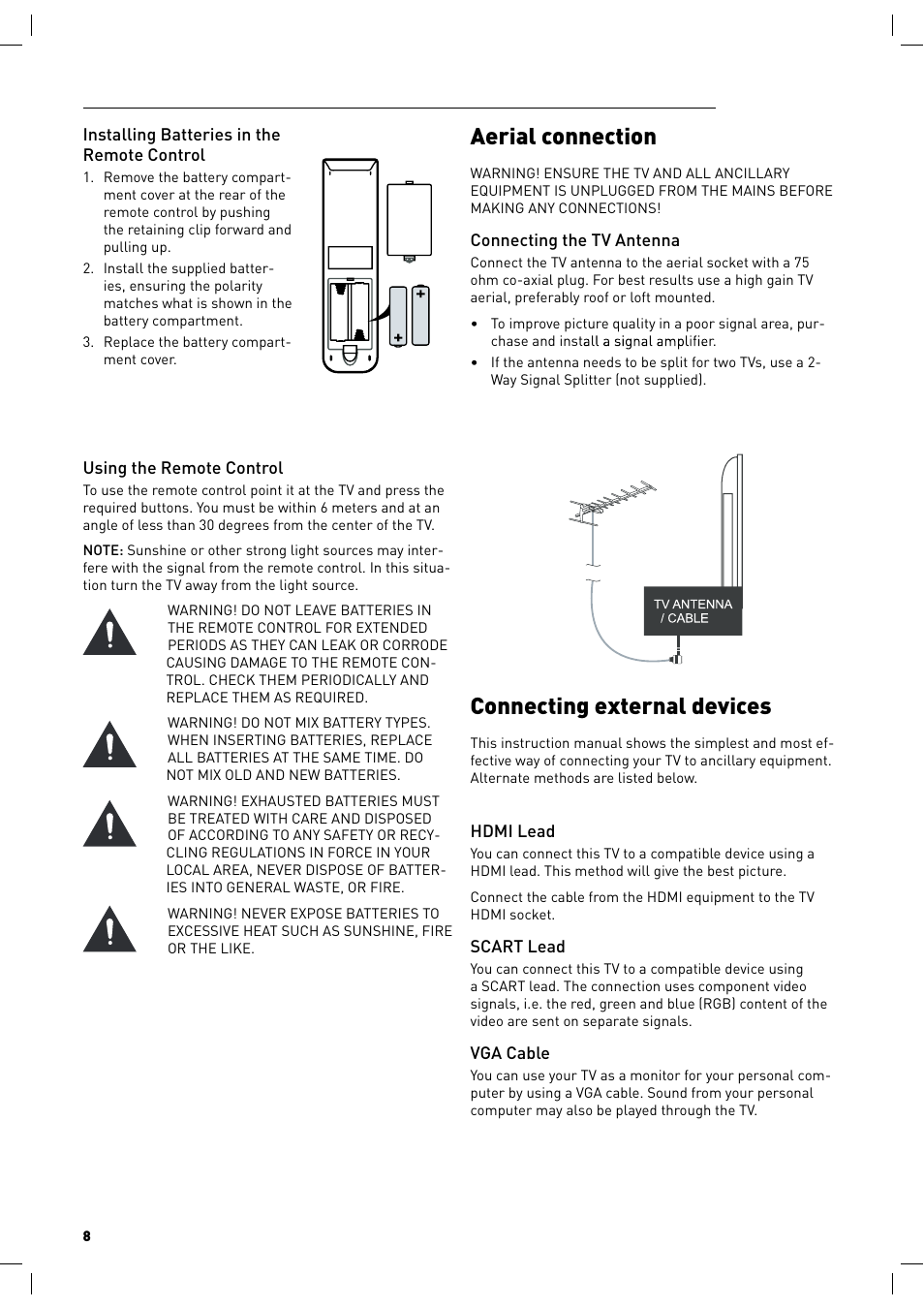 Aerial connection, Connecting external devices | Lenco LED-2217 User Manual | Page 9 / 35