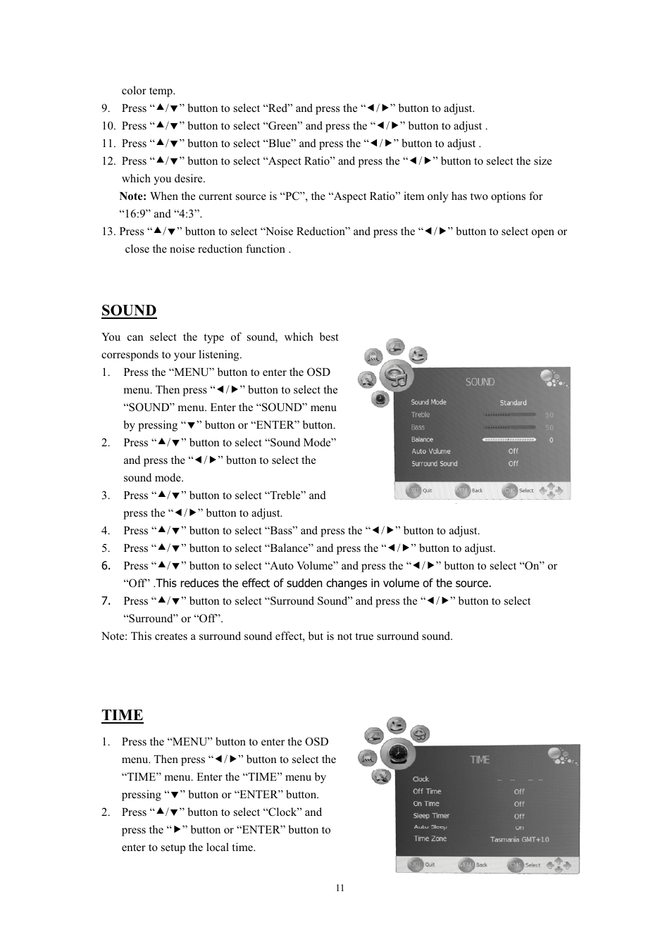 Sound, Time | Lenco LED-2411 User Manual | Page 12 / 25