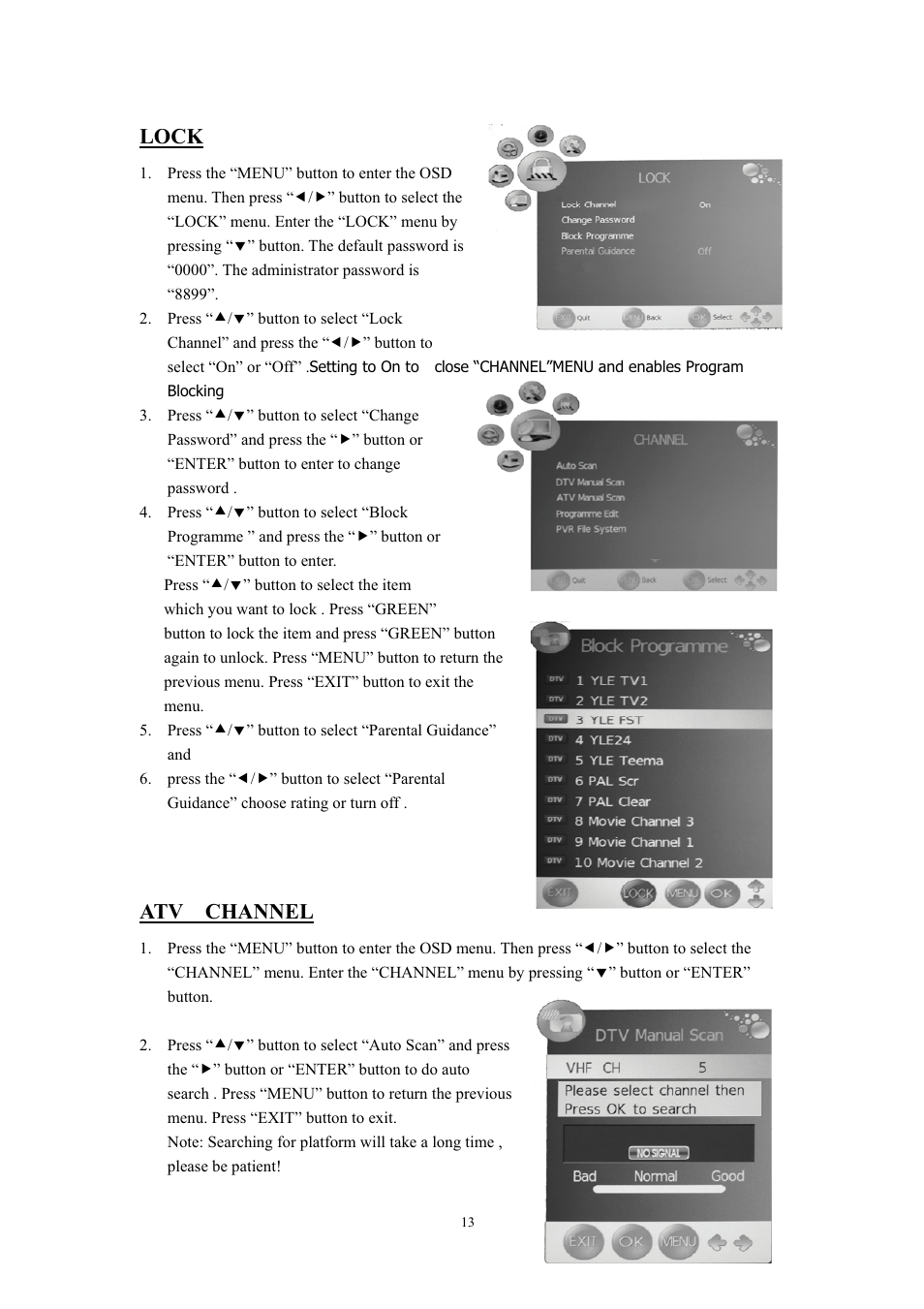 Lock, Atv channel | Lenco LED-2411 User Manual | Page 14 / 25