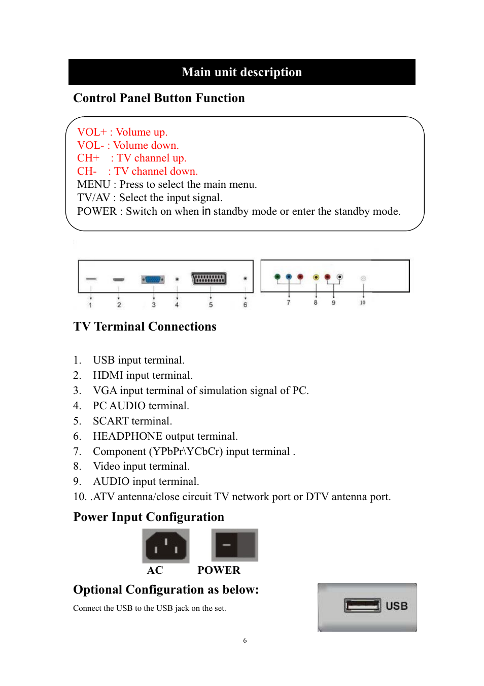 Tv terminal connections, Power input configuration, Optional configuration as below | Lenco LED-2411 User Manual | Page 7 / 25