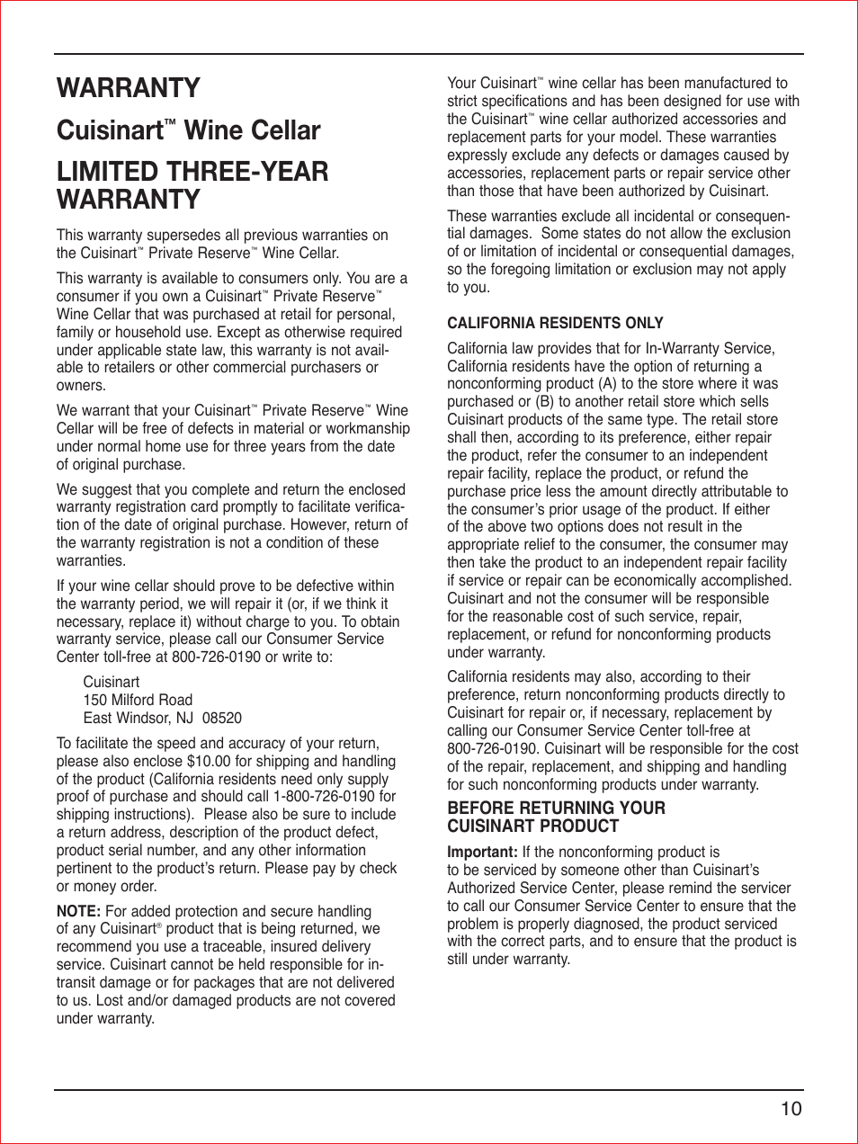 Warranty cuisinart, Wine cellar limited three-year warranty | Cuisinart CWC-900 User Manual | Page 11 / 13
