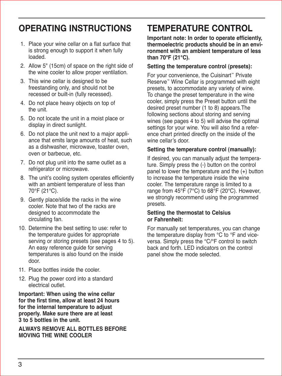 Operating instructions, Temperature control | Cuisinart CWC-900 User Manual | Page 4 / 13