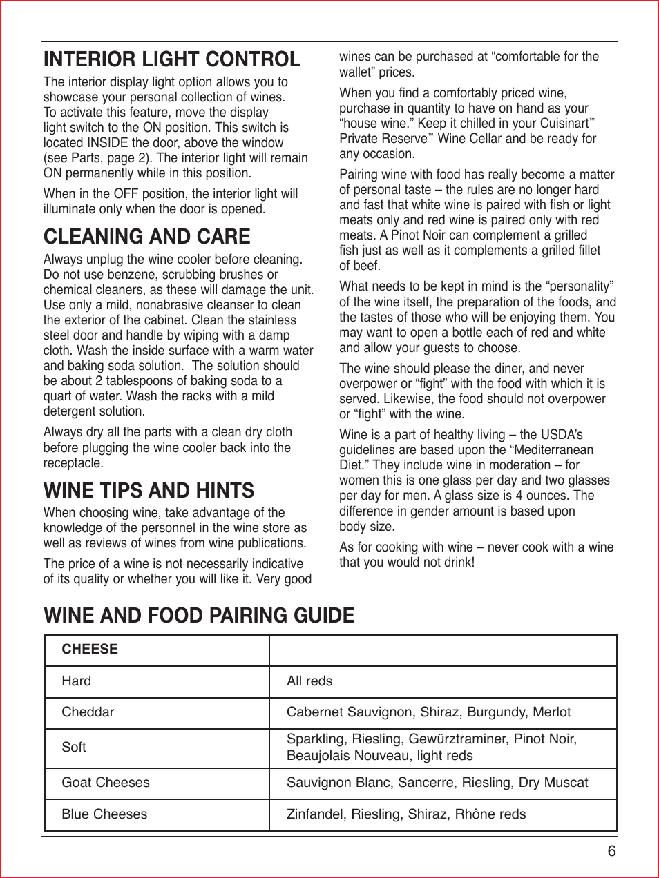 Interior light control, Cleaning and care, Wine tips and hints | Wine and food pairing guide | Cuisinart CWC-900 User Manual | Page 7 / 13