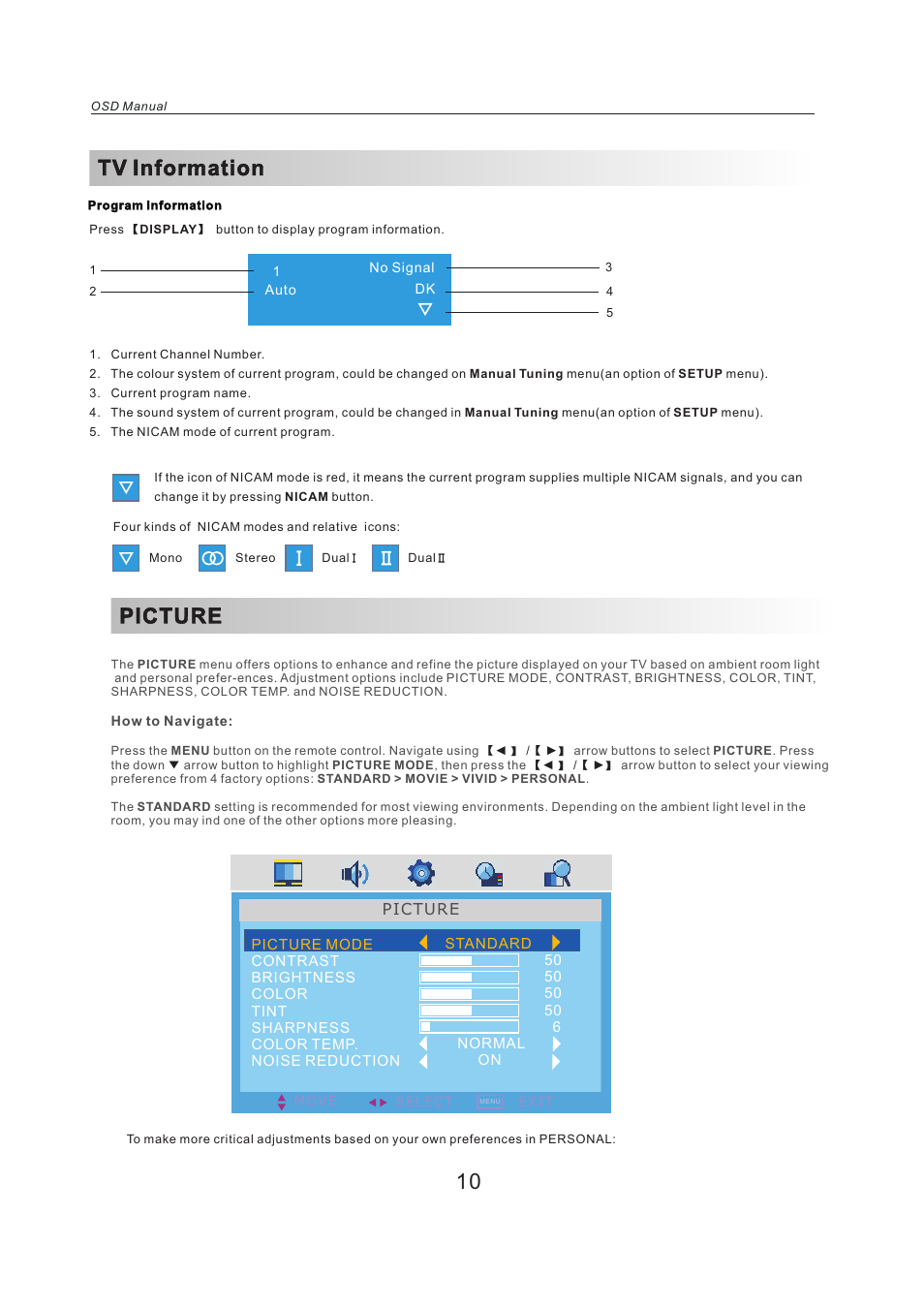 页 12, Tv information, Picture | Lenco LED-2412 User Manual | Page 12 / 35