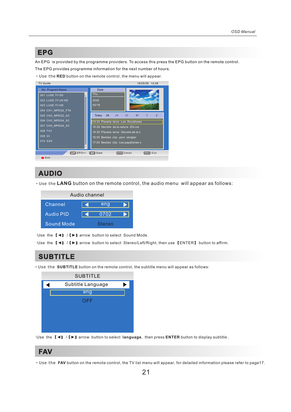 页 23, Audio, Subtitle fav 21 | Subtitle off subtitle language eng, Audio channel channel audio pid sound mode, Eng 0702 stereo | Lenco LED-2412 User Manual | Page 23 / 35