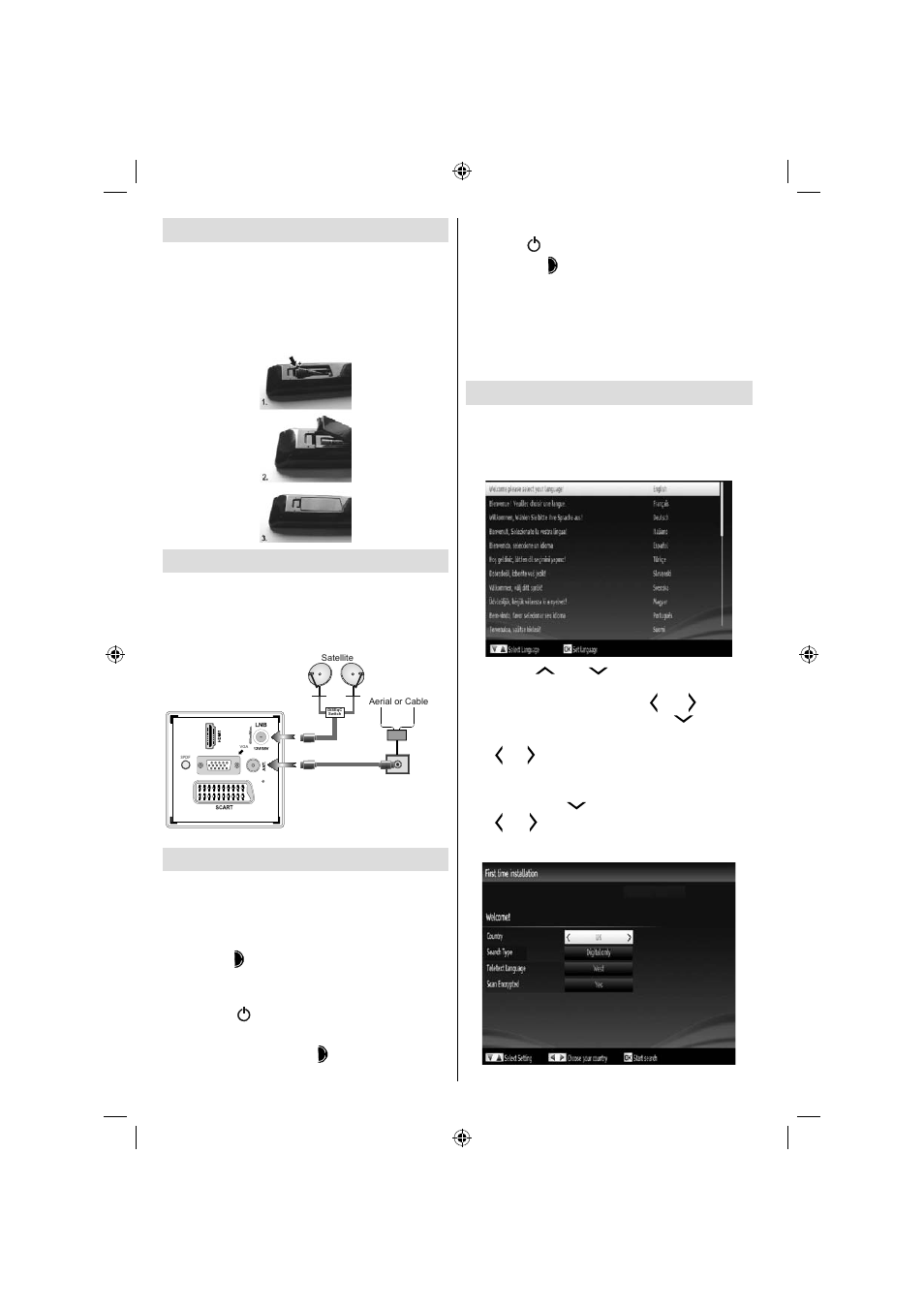 Installing the batteries to the remote, Connect power & antenna/cable/satellite, Switching on/off | First time installation | Lenco LED-2618 User Manual | Page 6 / 15