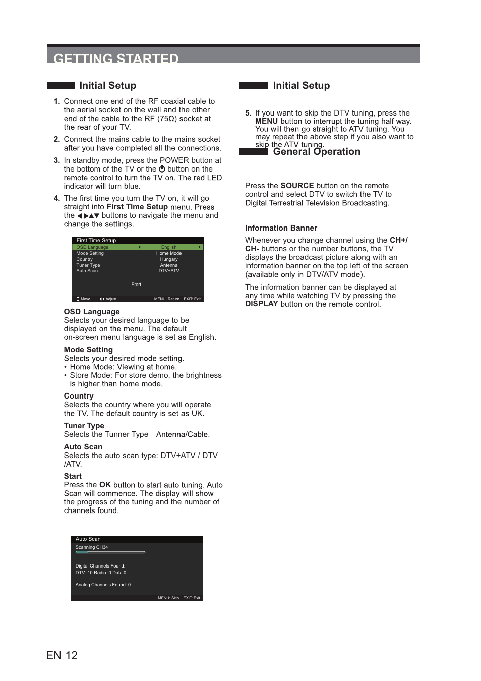 Getting started, En 12, Initial setup initial setup | General operation | Lenco LED-3201 User Manual | Page 12 / 33