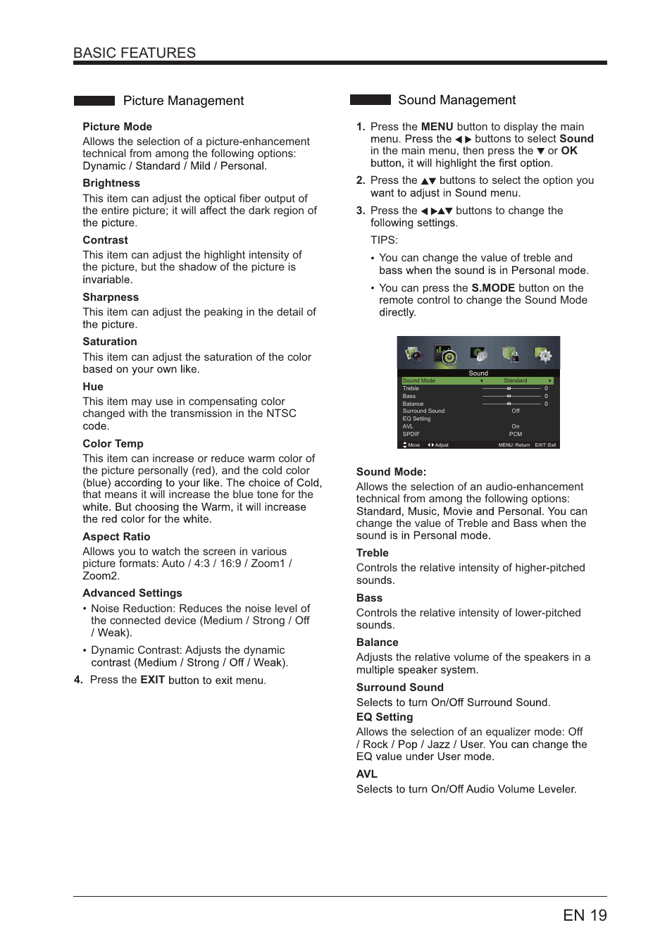 En 19, Basic features, Picture management | Sound management | Lenco LED-3201 User Manual | Page 19 / 33