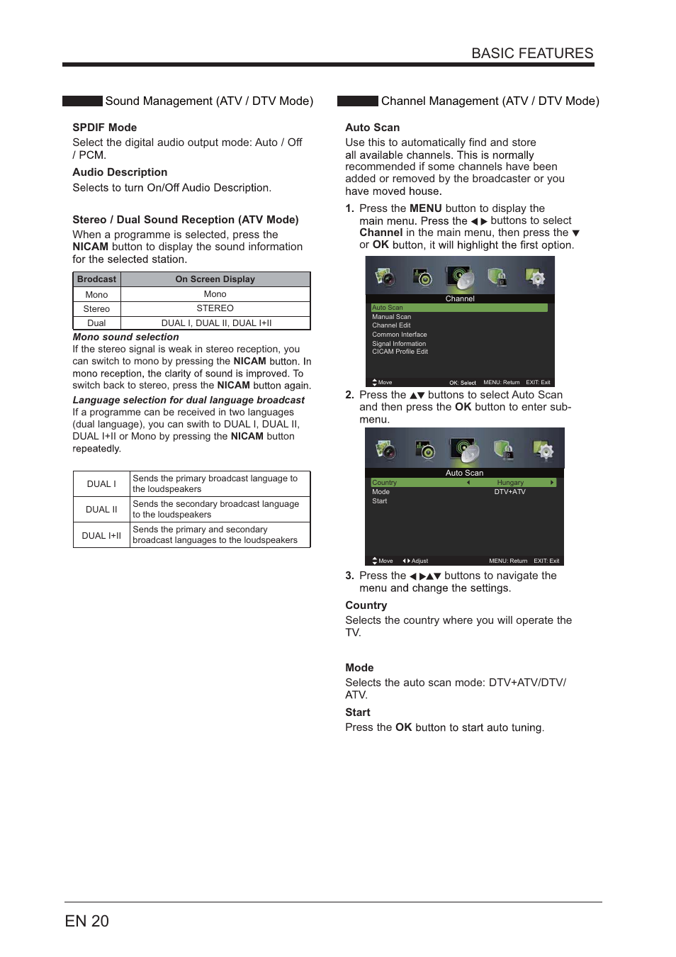 En 20, Basic features, Sound management (atv / dtv mode) | Channel management (atv / dtv mode) | Lenco LED-3201 User Manual | Page 20 / 33