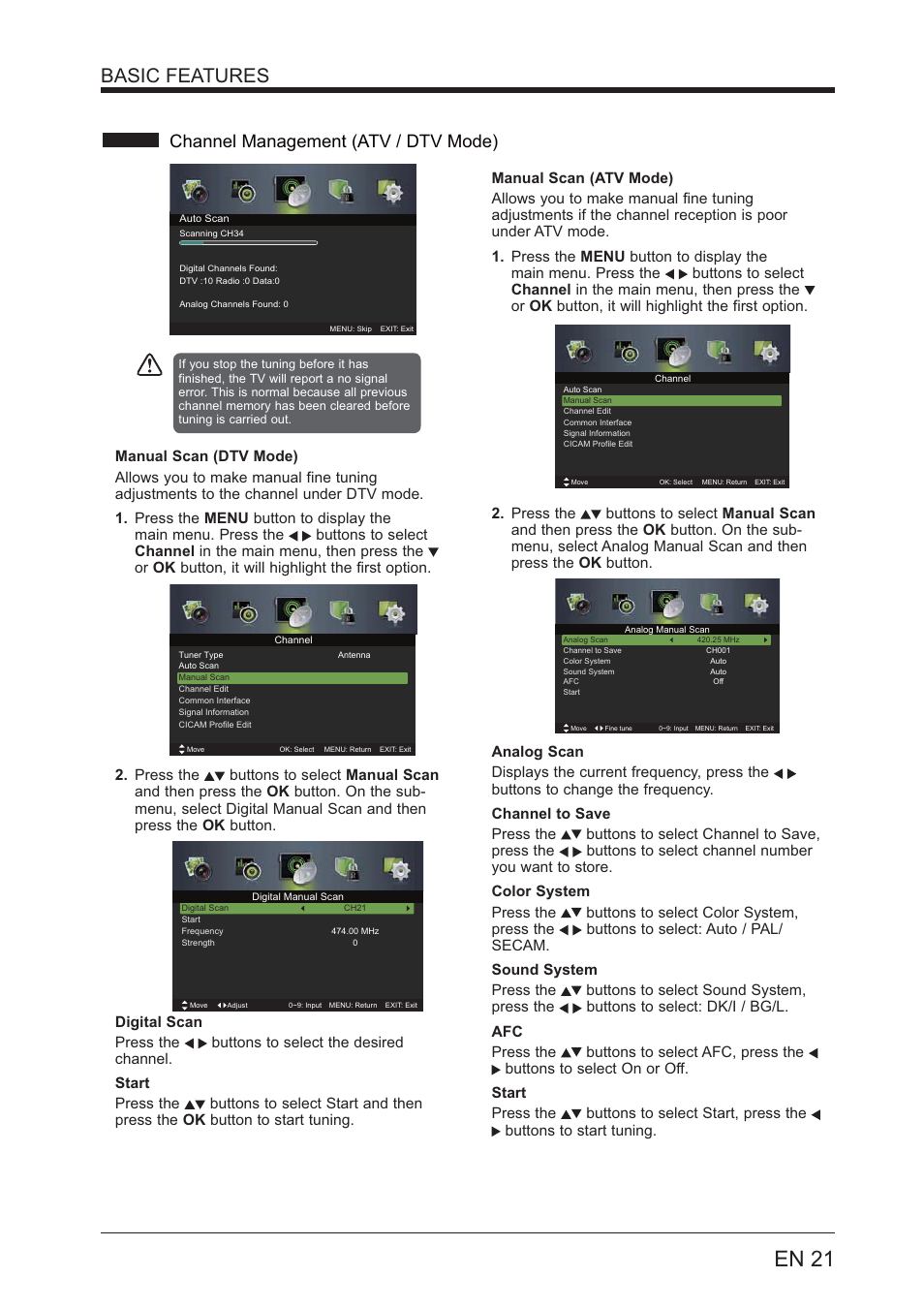 En 21, Basic features, Channel management (atv / dtv mode) | Lenco LED-3201 User Manual | Page 21 / 33