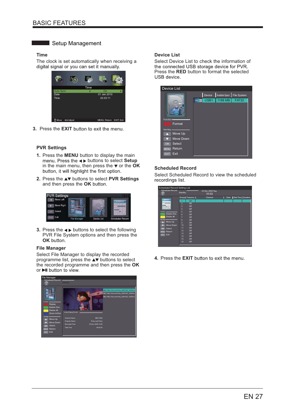 En 27, Basic features, Setup management | Device list | Lenco LED-3201 User Manual | Page 27 / 33