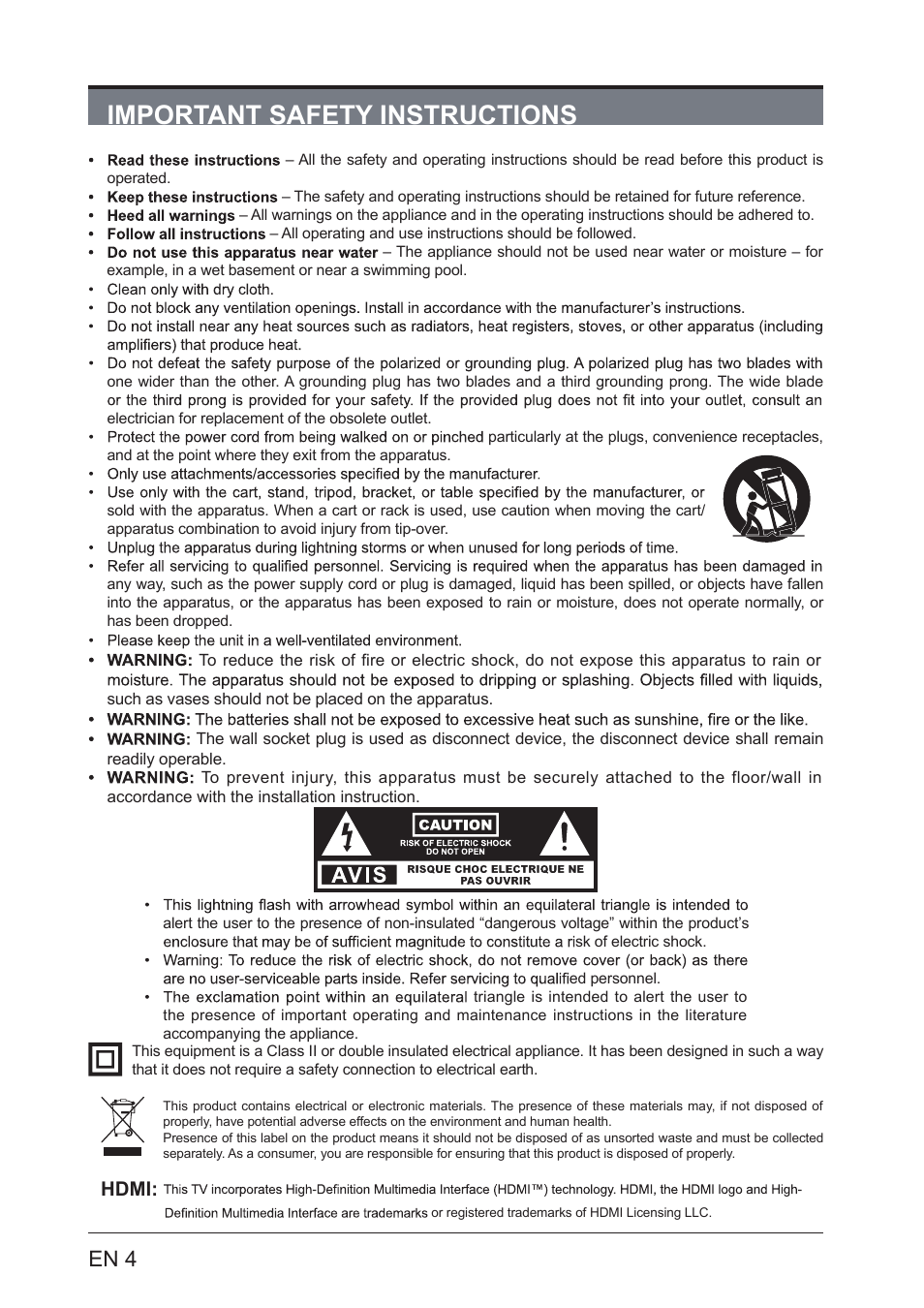Important safety instructions, En 4, Hdmi | Lenco LED-3201 User Manual | Page 4 / 33