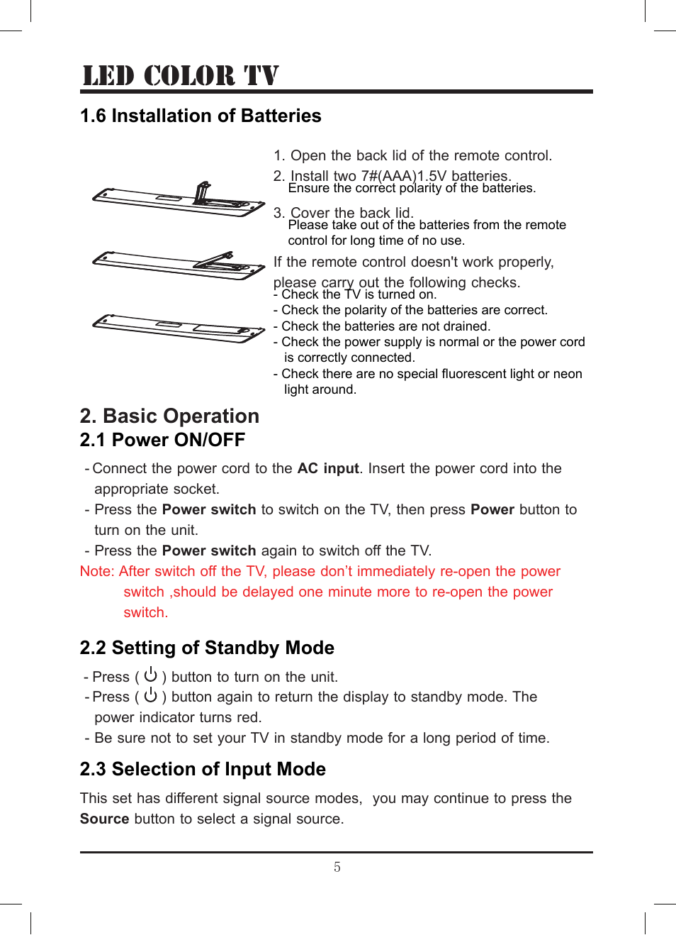 Le d color tv, Basic operation, 1 power on/off | 2 setting of standby mode, 3 selection of input mode, 6 installation of batteries | Lenco LED-3213 User Manual | Page 10 / 33