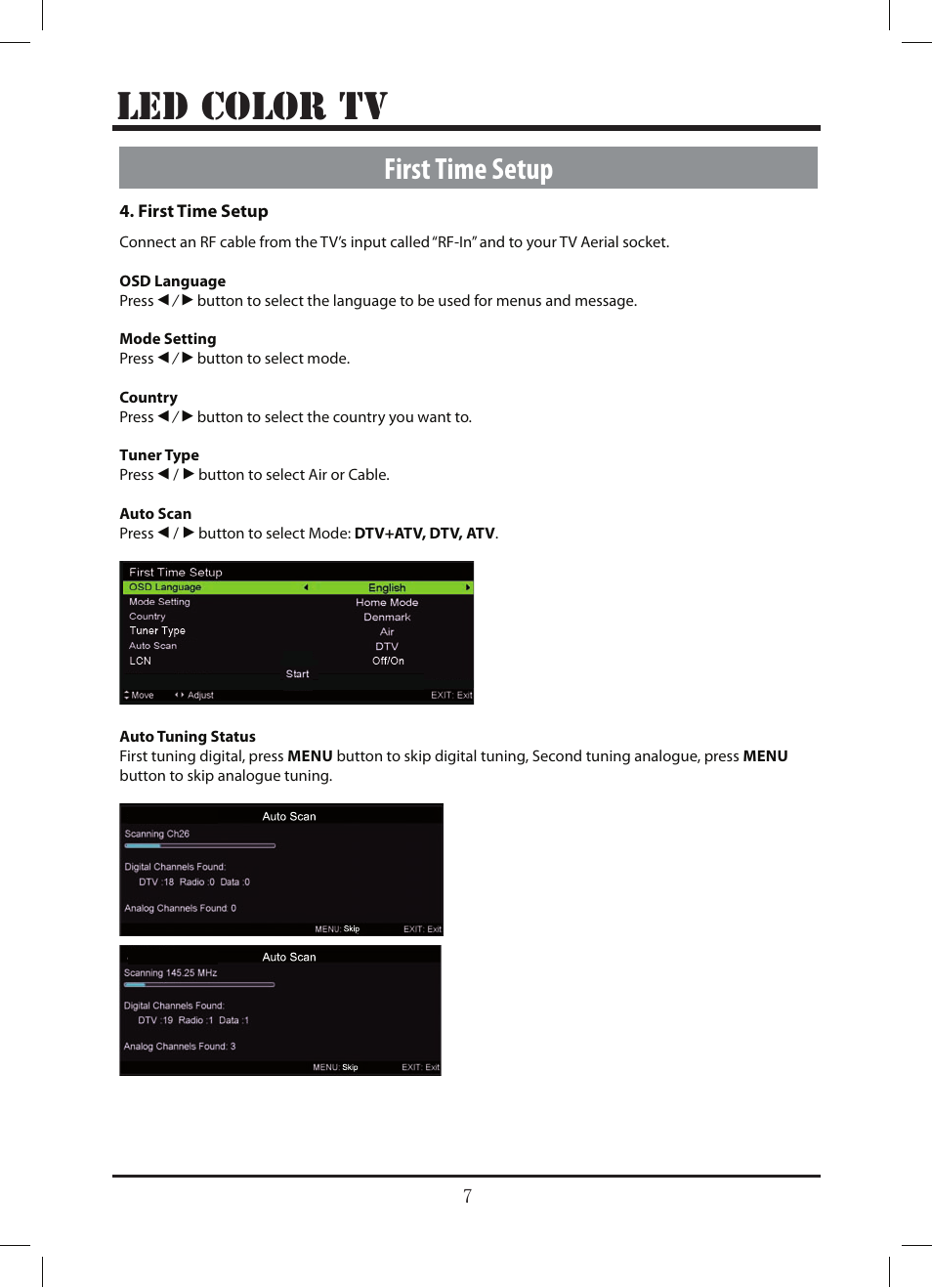 Le d color tv, First time setup | Lenco LED-3213 User Manual | Page 12 / 33