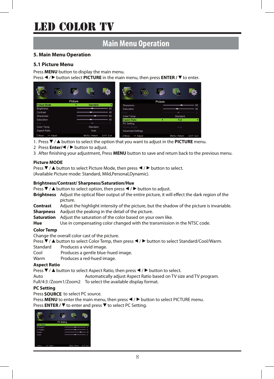 Le d color tv, Main menu operation | Lenco LED-3213 User Manual | Page 13 / 33