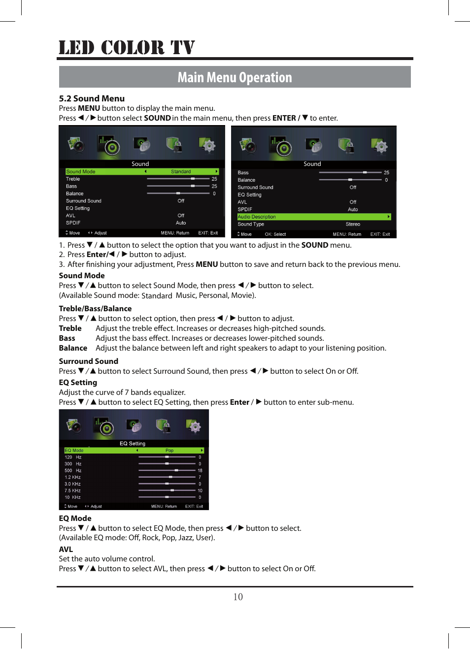 Le d color tv, Main menu operation | Lenco LED-3213 User Manual | Page 15 / 33