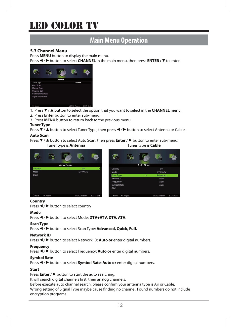 Le d color tv, Main menu operation | Lenco LED-3213 User Manual | Page 17 / 33