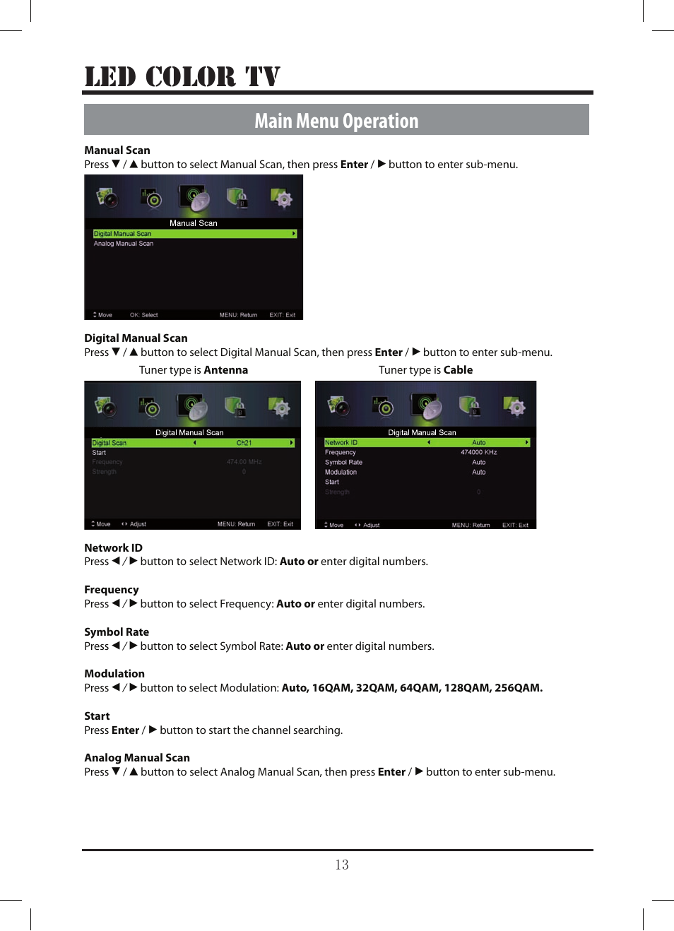 Le d color tv, Main menu operation | Lenco LED-3213 User Manual | Page 18 / 33