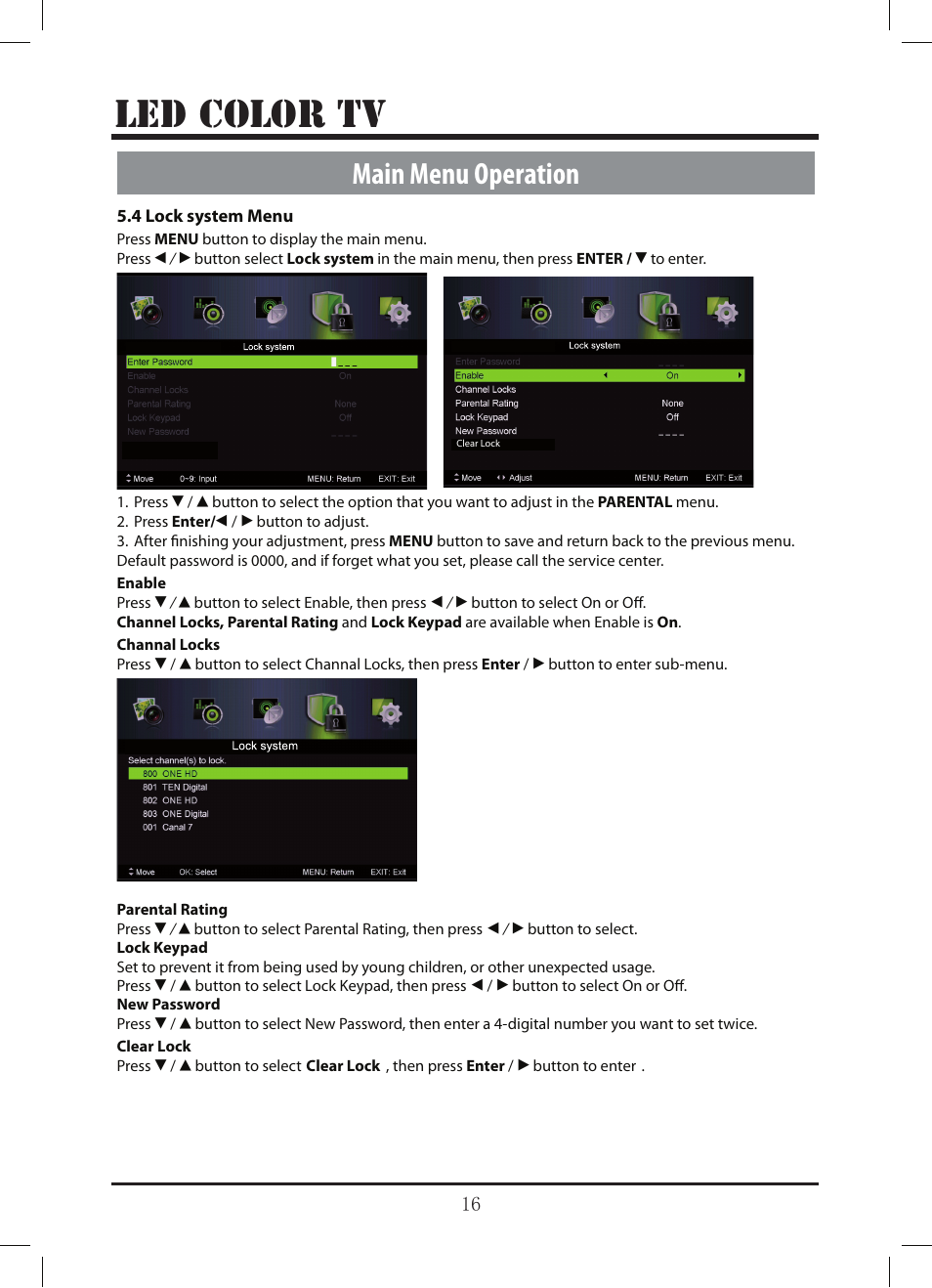 Le d color tv, Main menu operation | Lenco LED-3213 User Manual | Page 21 / 33