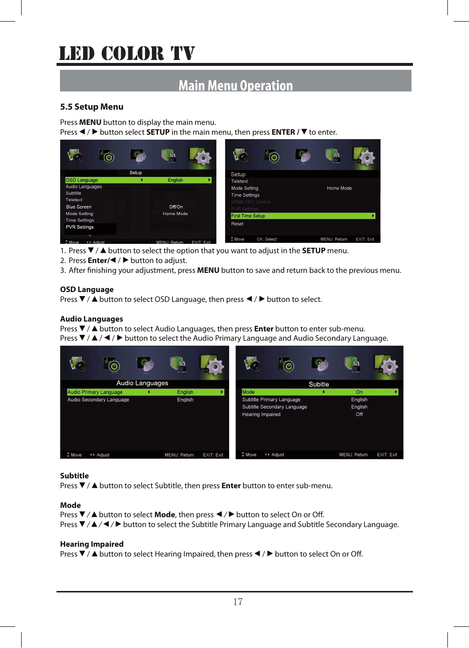 Le d color tv, Main menu operation | Lenco LED-3213 User Manual | Page 22 / 33