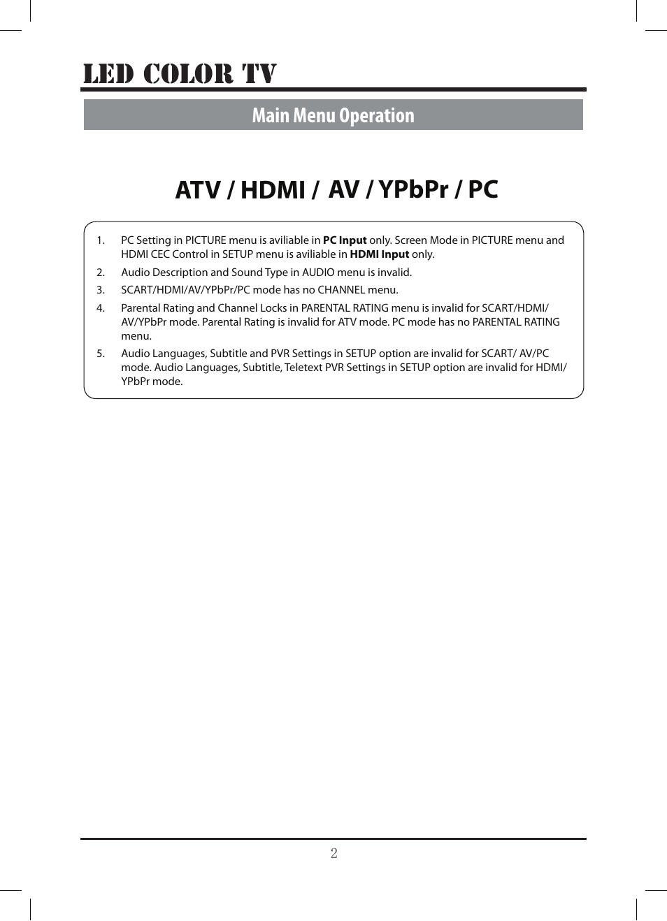 Atv / hdmi / av / ypbpr / pc, Le d color tv, Main menu operation | Lenco LED-3213 User Manual | Page 26 / 33