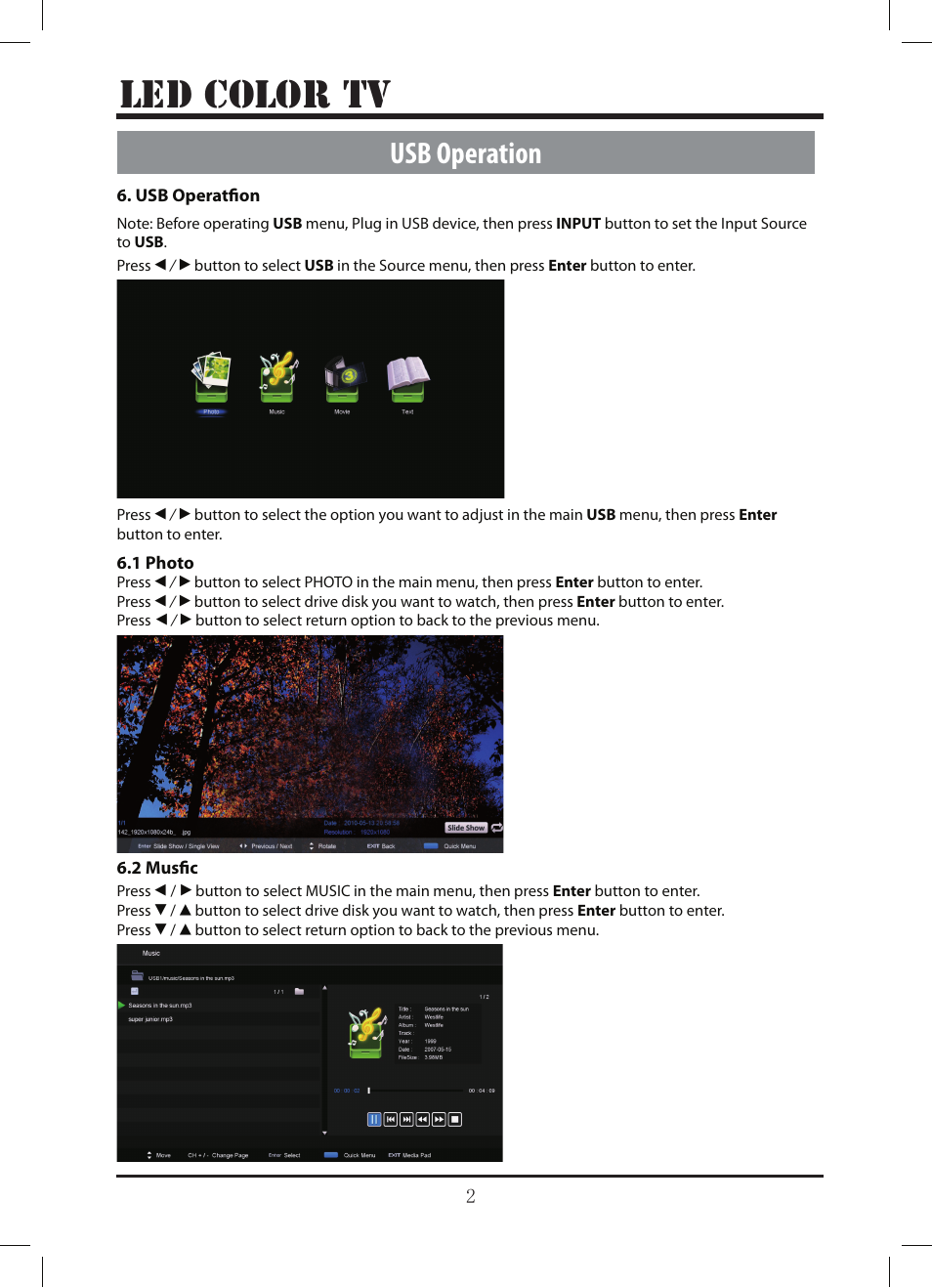 Le d color tv, Usb operation | Lenco LED-3213 User Manual | Page 27 / 33