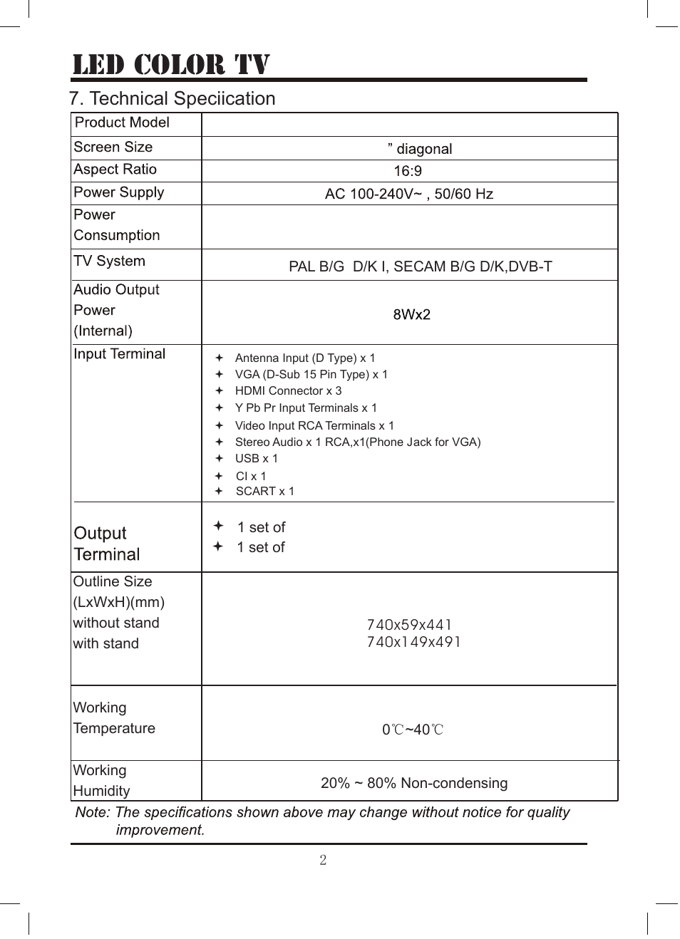 Le d color tv, Technical speciication | Lenco LED-3213 User Manual | Page 29 / 33