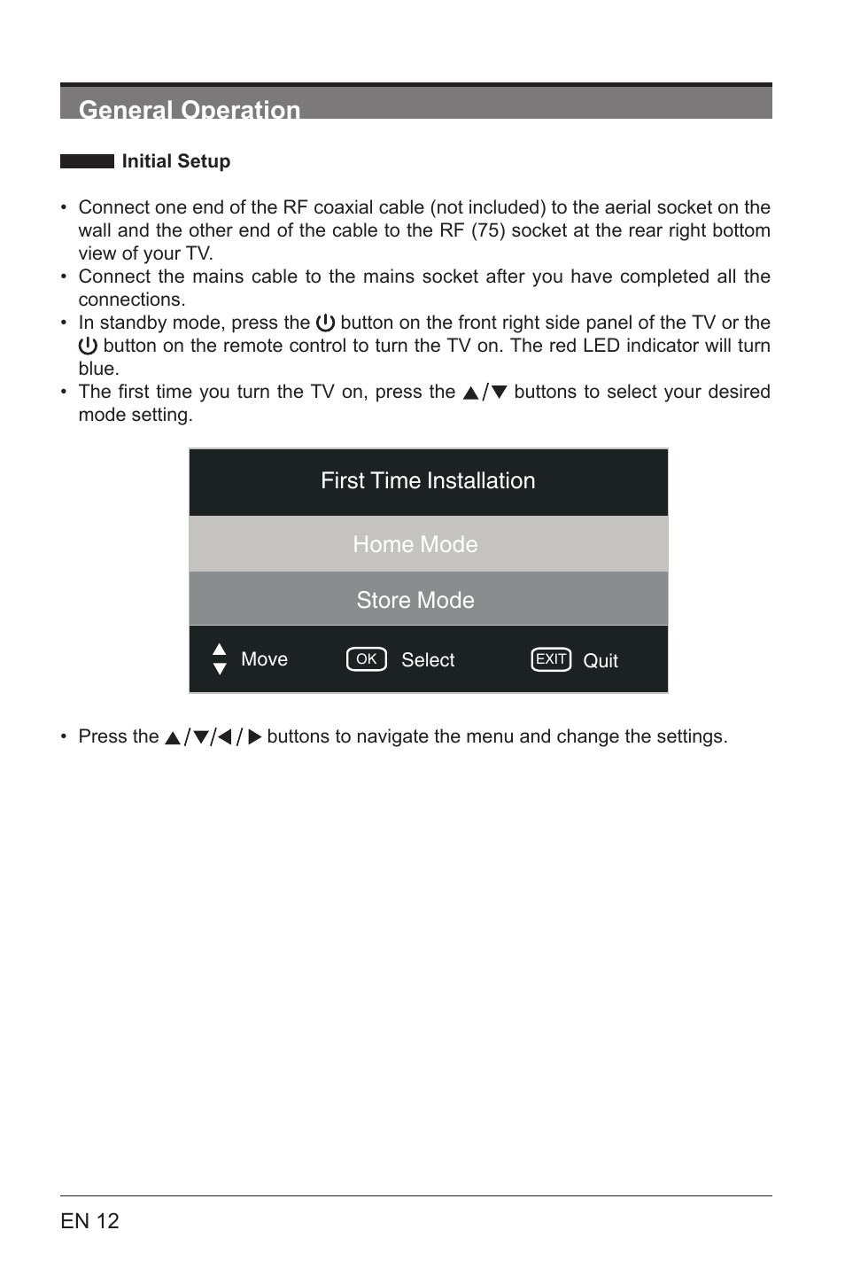 Customizing tv settings, General operation | Lenco LED-3901 User Manual | Page 12 / 44