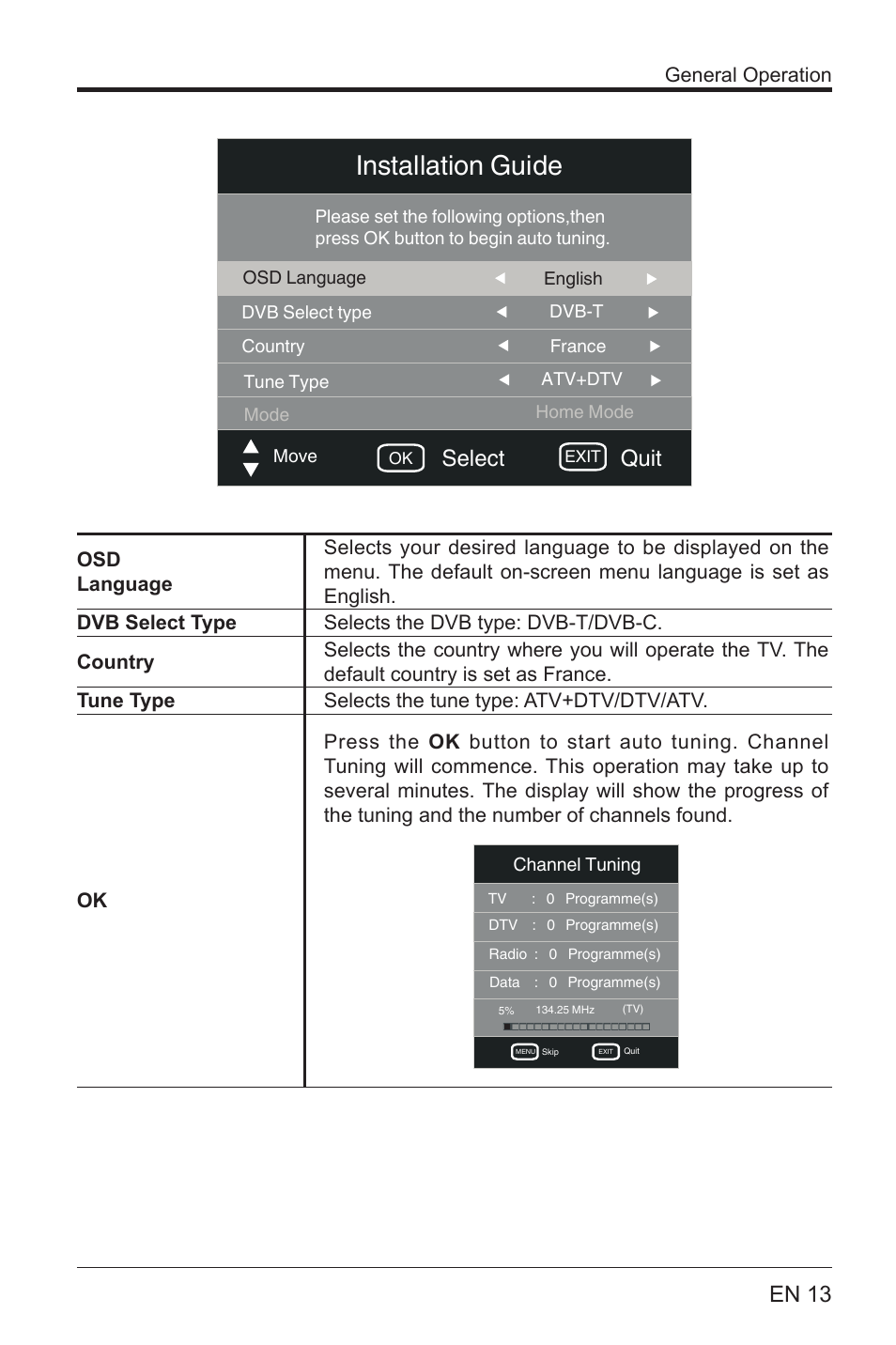 Installation guide, En 13, Select | Quit | Lenco LED-3901 User Manual | Page 13 / 44