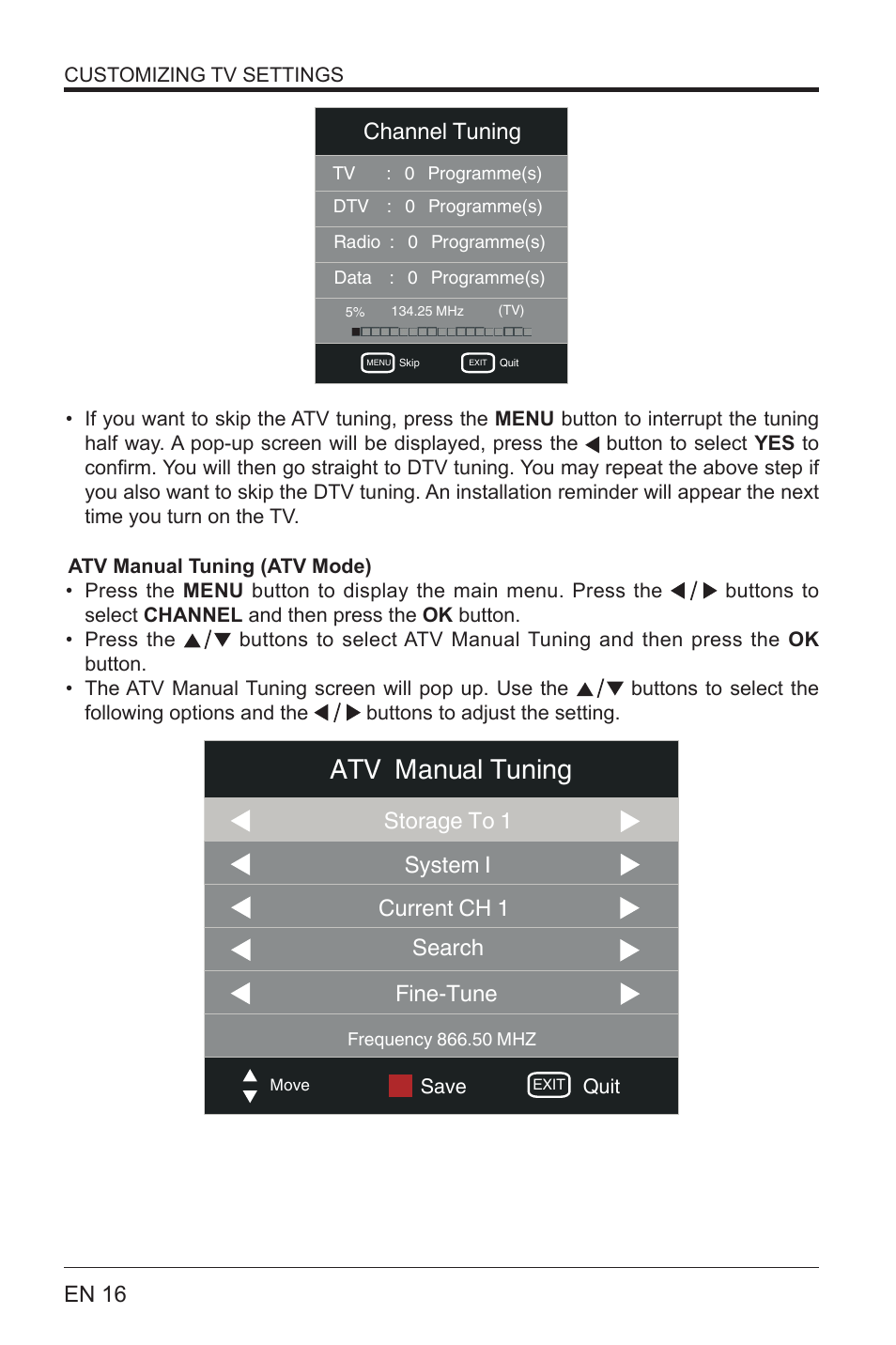 Atv manual tuning, En 16, Channel tuning | Lenco LED-3901 User Manual | Page 16 / 44