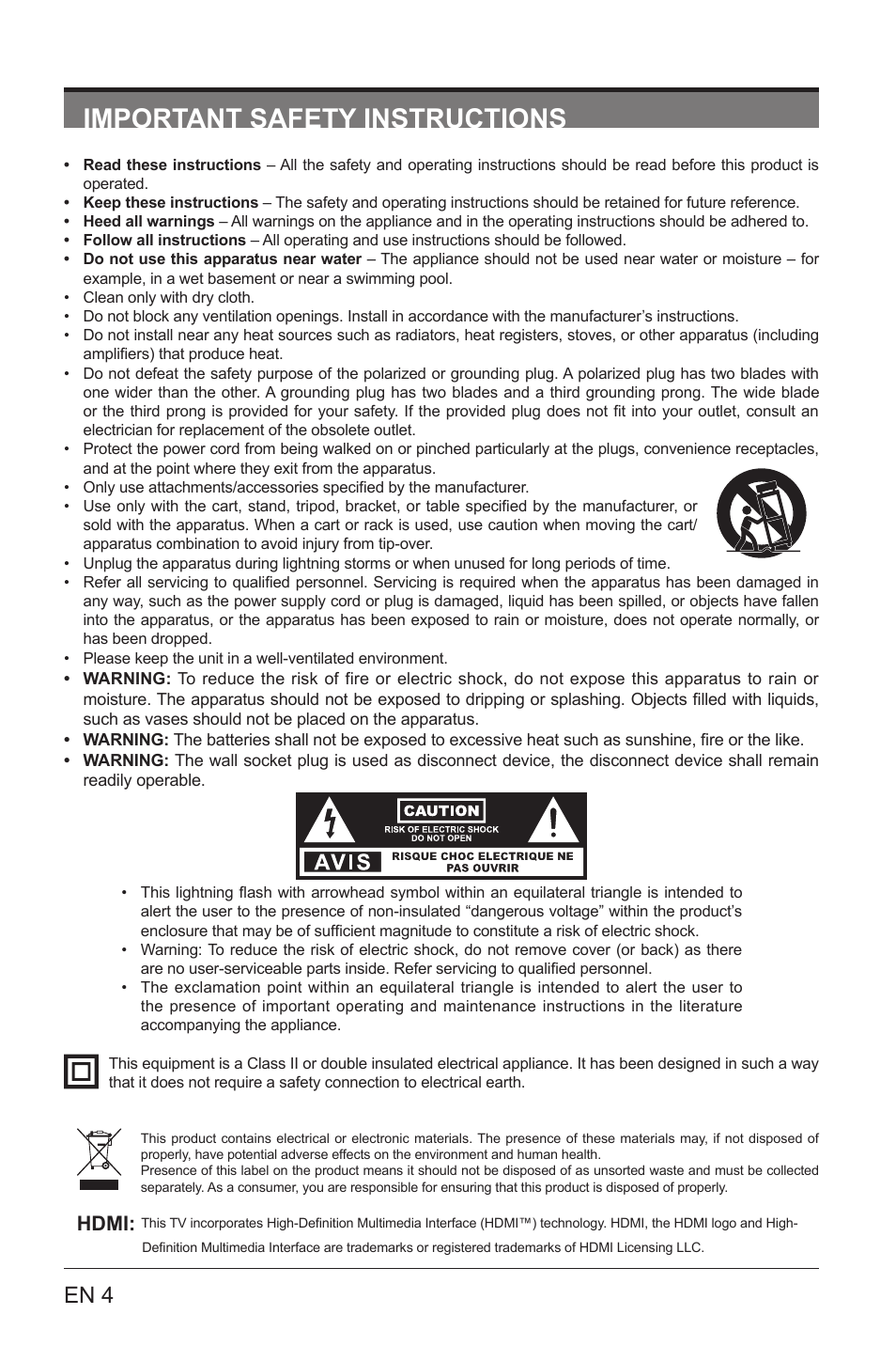 Important safety instructions, En 4, Hdmi | Lenco LED-3901 User Manual | Page 4 / 44