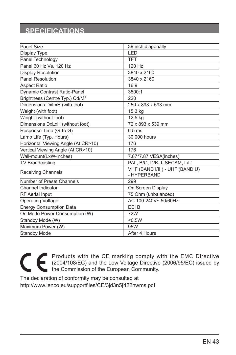 Specifications, En 43 | Lenco LED-3901 User Manual | Page 43 / 44