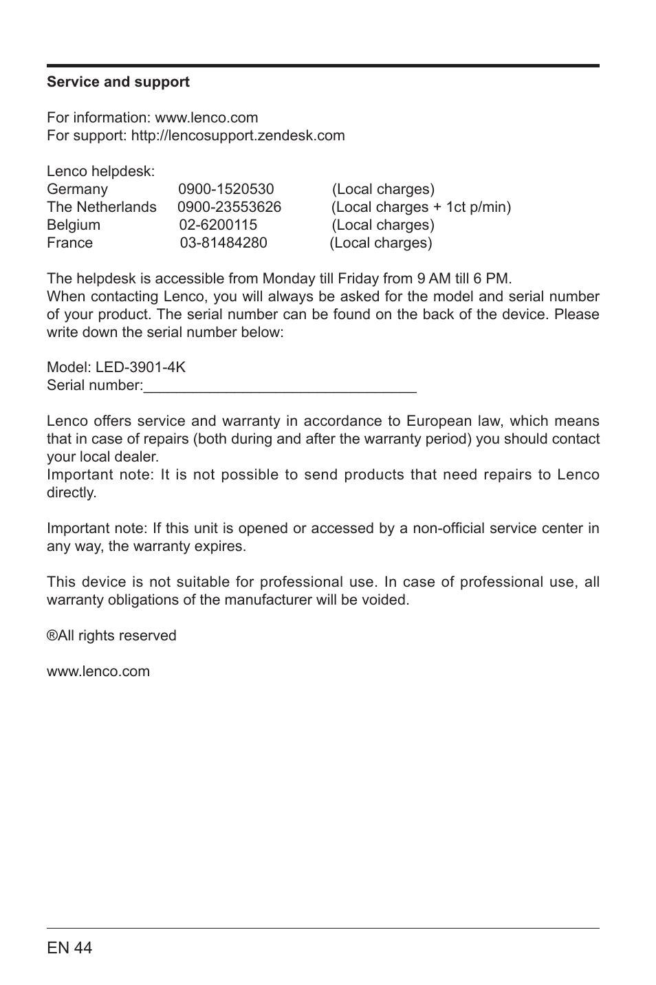 Lenco LED-3901 User Manual | Page 44 / 44