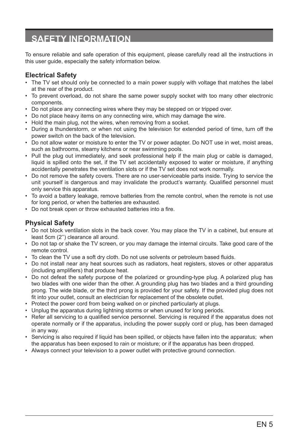Safety information, En 5 | Lenco LED-3901 User Manual | Page 5 / 44
