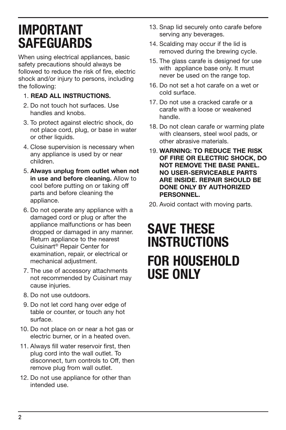 Important safeguards, Save these instructions for household use only | Cuisinart DCC-750 User Manual | Page 2 / 12