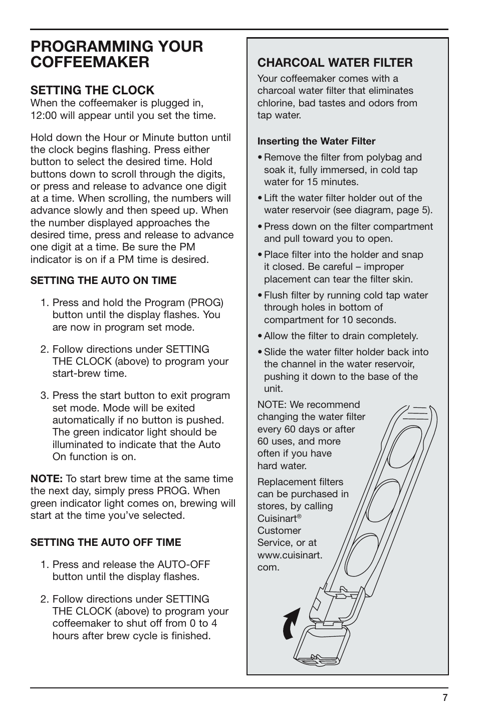 Programming your coffeemaker, Setting the clock, Charcoal water filter | Cuisinart DCC-750 User Manual | Page 7 / 12