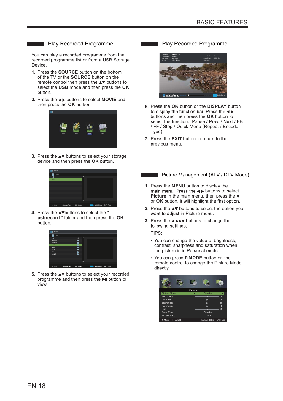 En 18, Basic features, Play recorded programme | Picture management (atv / dtv mode) | Lenco LED-4001 User Manual | Page 18 / 33