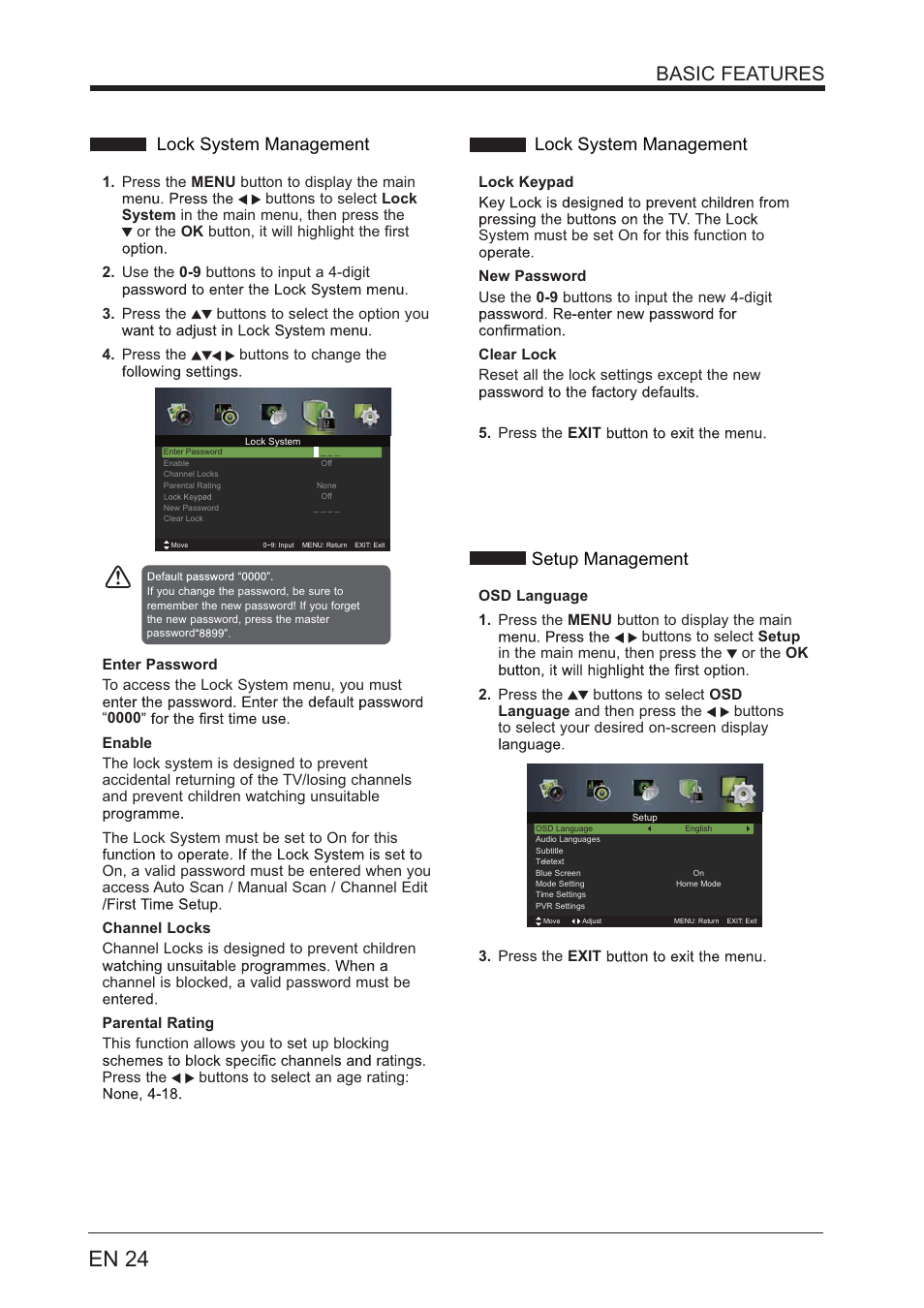 En 24, Basic features, Lock system management | Setup management | Lenco LED-4001 User Manual | Page 24 / 33