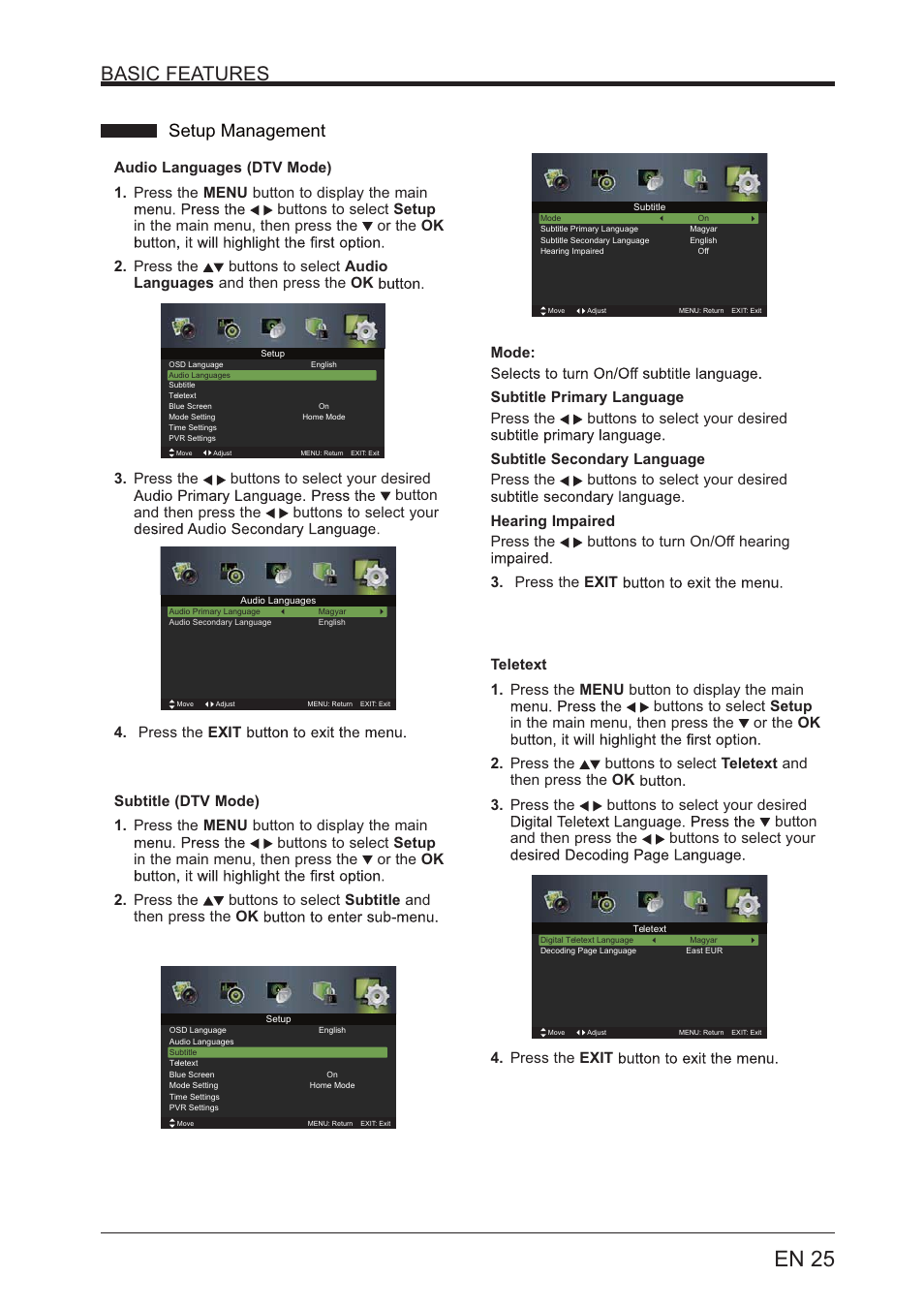 En 25, Basic features, Setup management | Lenco LED-4001 User Manual | Page 25 / 33