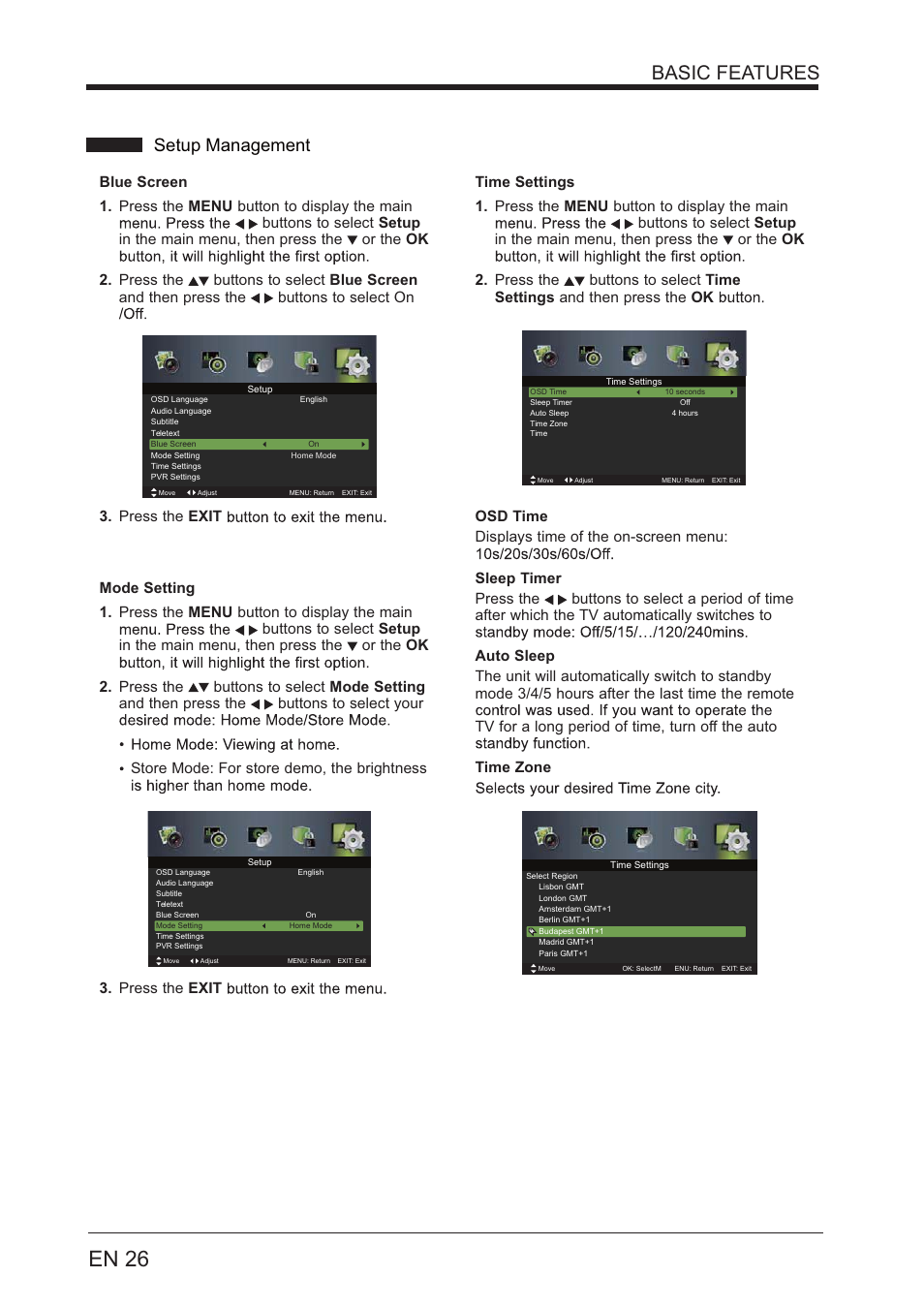 En 26, Basic features, Setup management | Lenco LED-4001 User Manual | Page 26 / 33