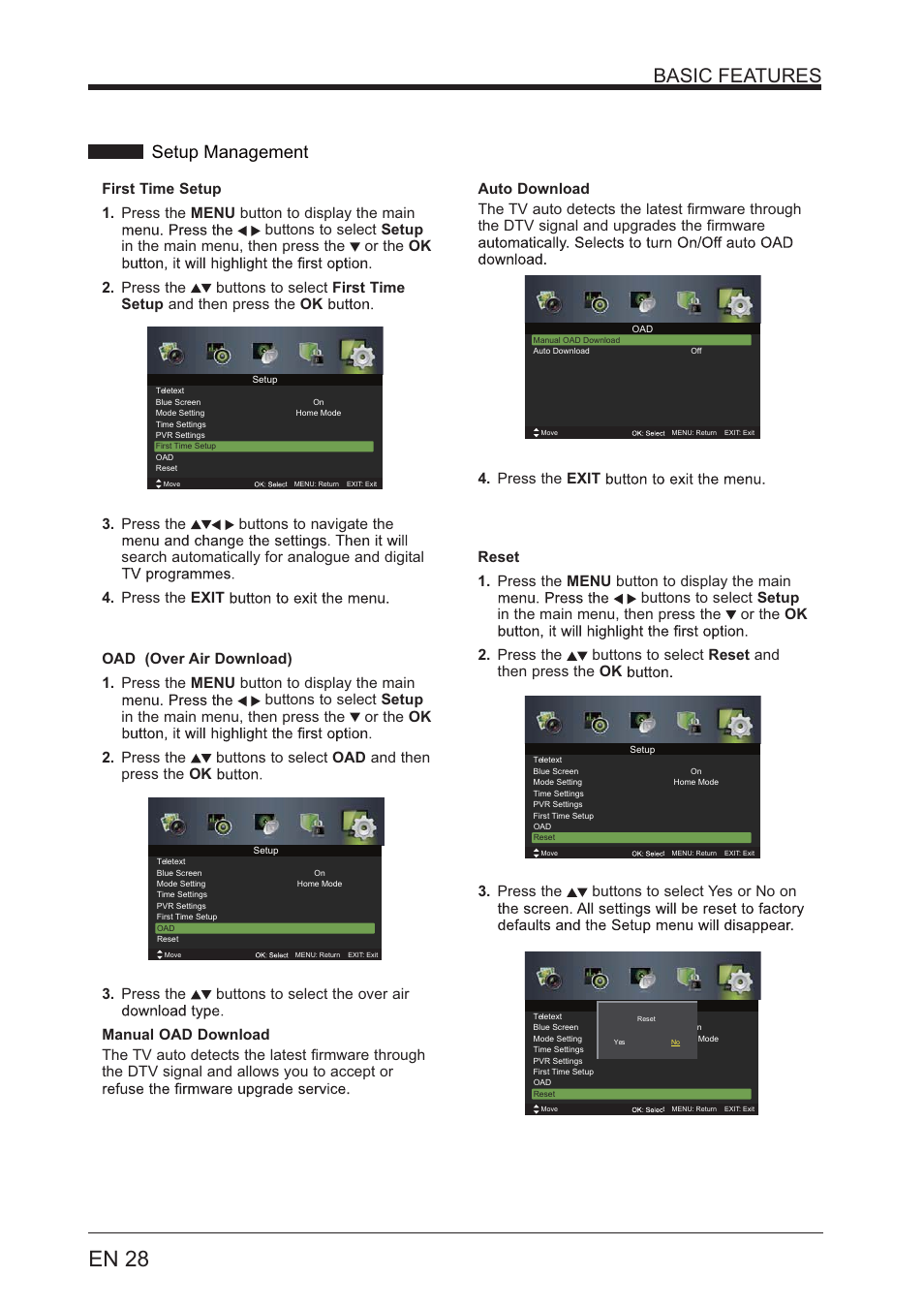 En 28, Basic features, Setup management | Lenco LED-4001 User Manual | Page 28 / 33