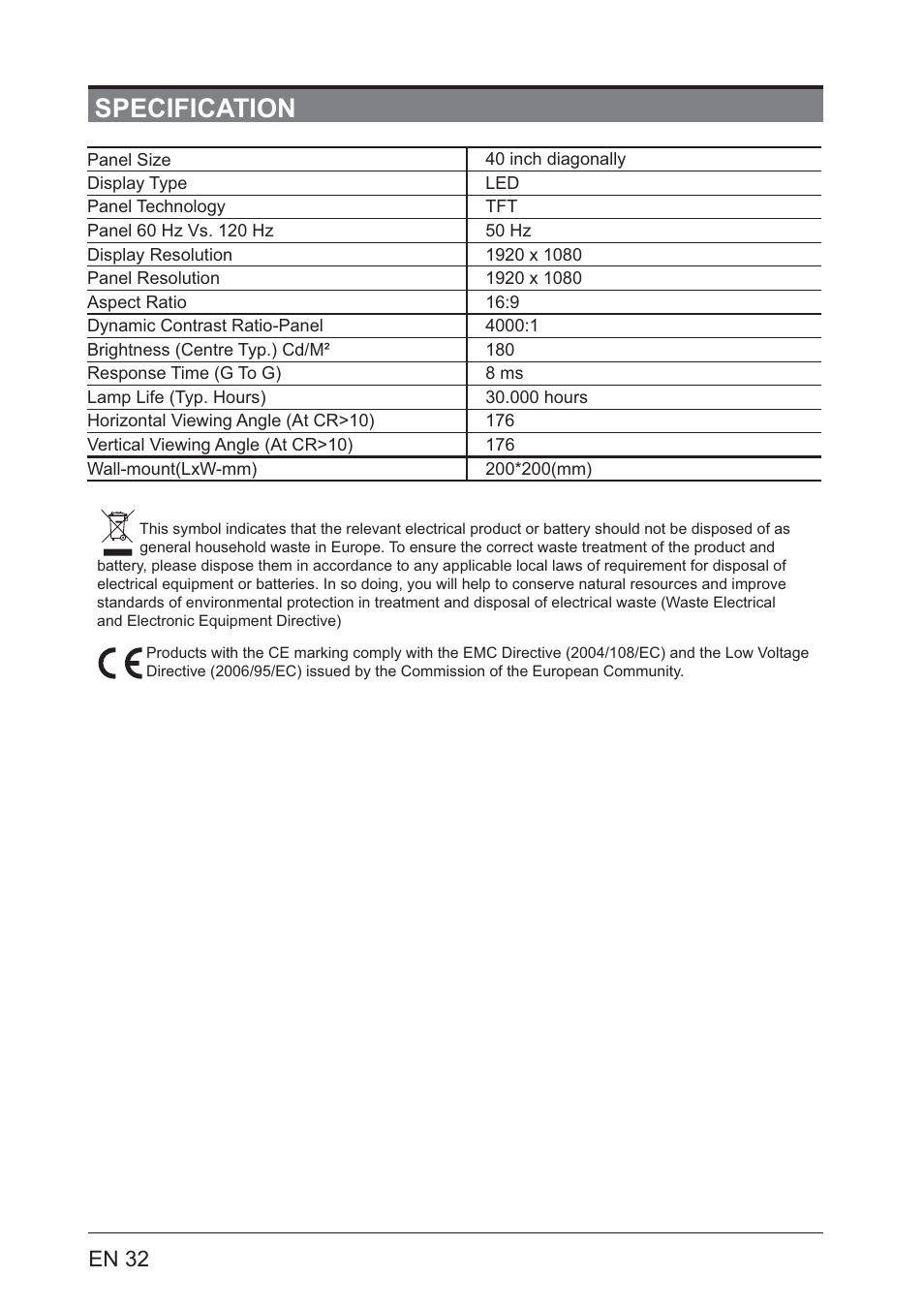 Specification, En 32 | Lenco LED-4001 User Manual | Page 32 / 33