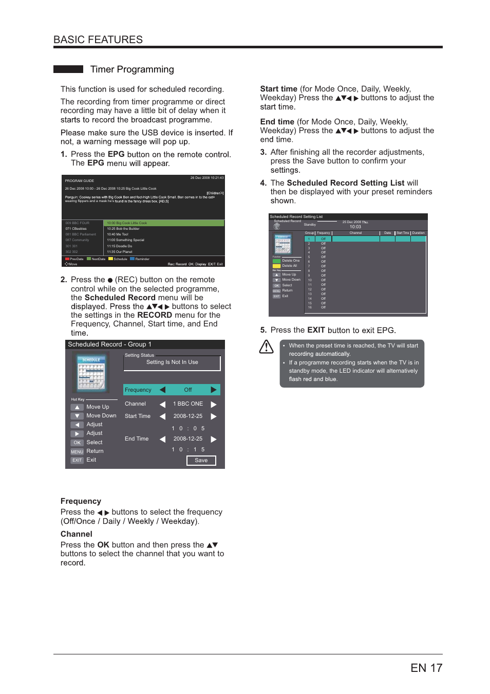 En 17, Basic features, Timer programming | Lenco LED-4801 User Manual | Page 17 / 33
