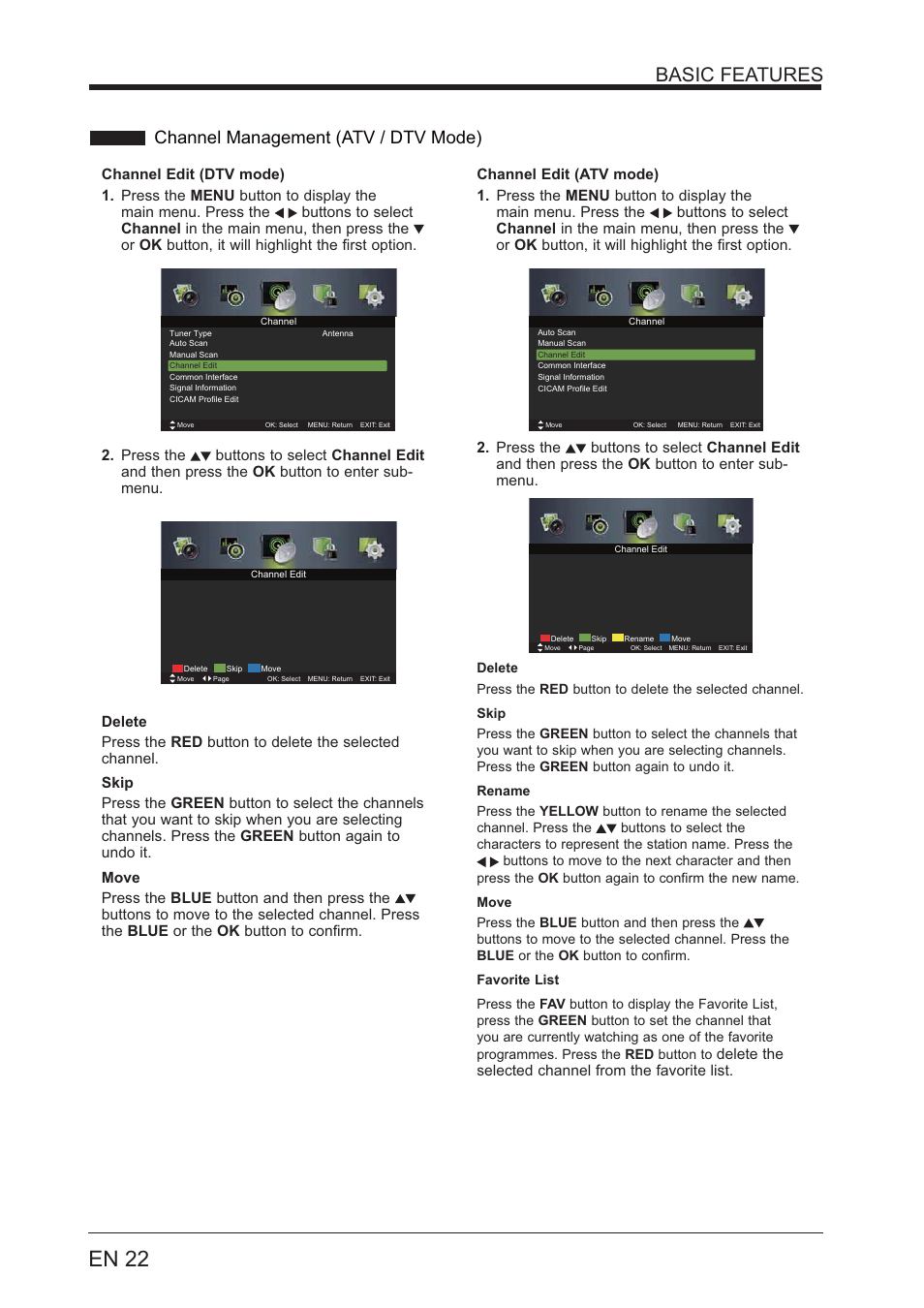 En 22, Basic features, Channel management (atv / dtv mode) | Lenco LED-4801 User Manual | Page 22 / 33