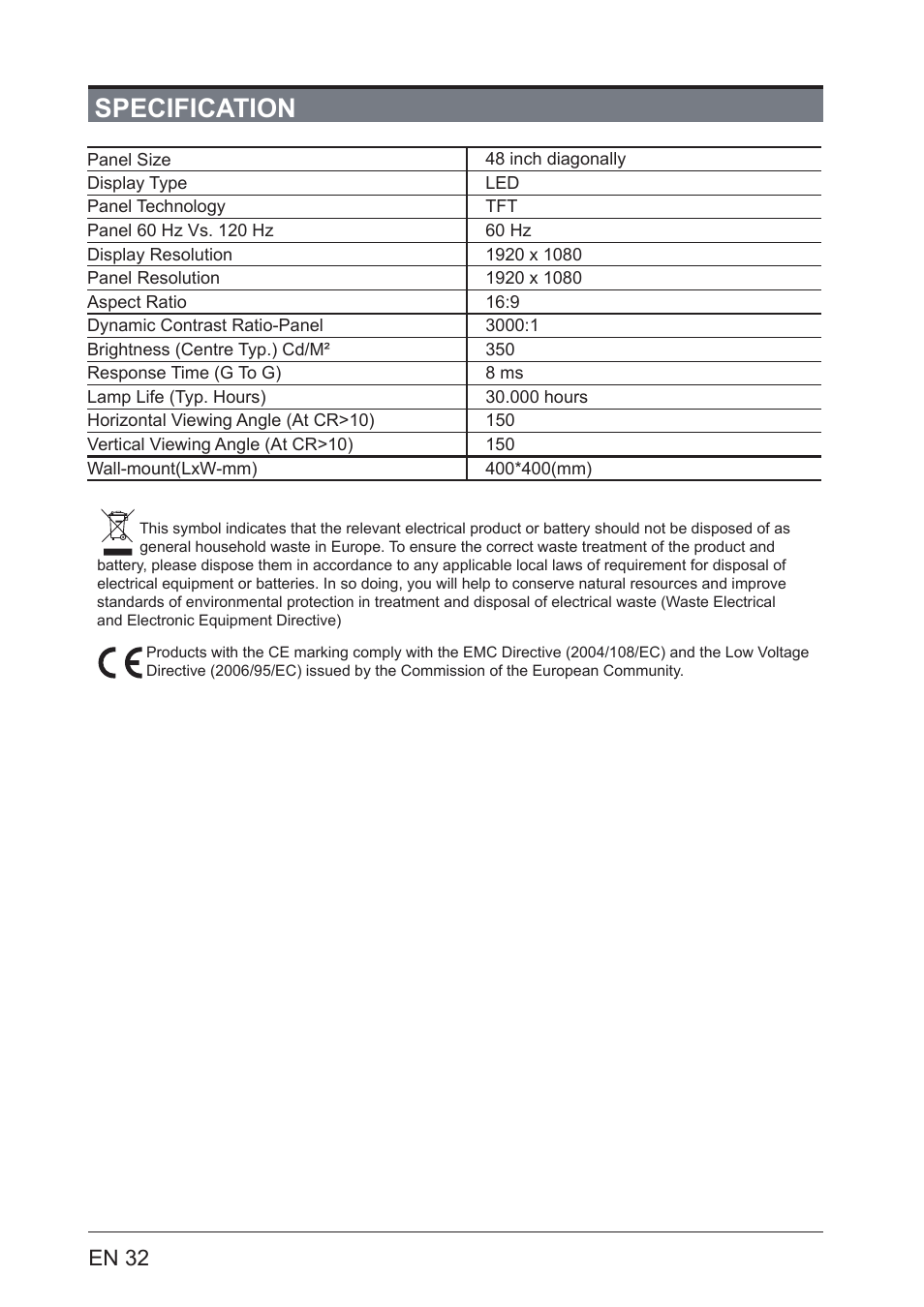 Specification, En 32 | Lenco LED-4801 User Manual | Page 32 / 33