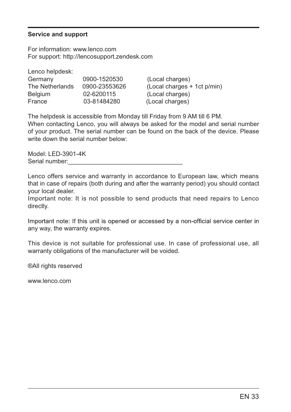 Lenco LED-4801 User Manual | Page 33 / 33