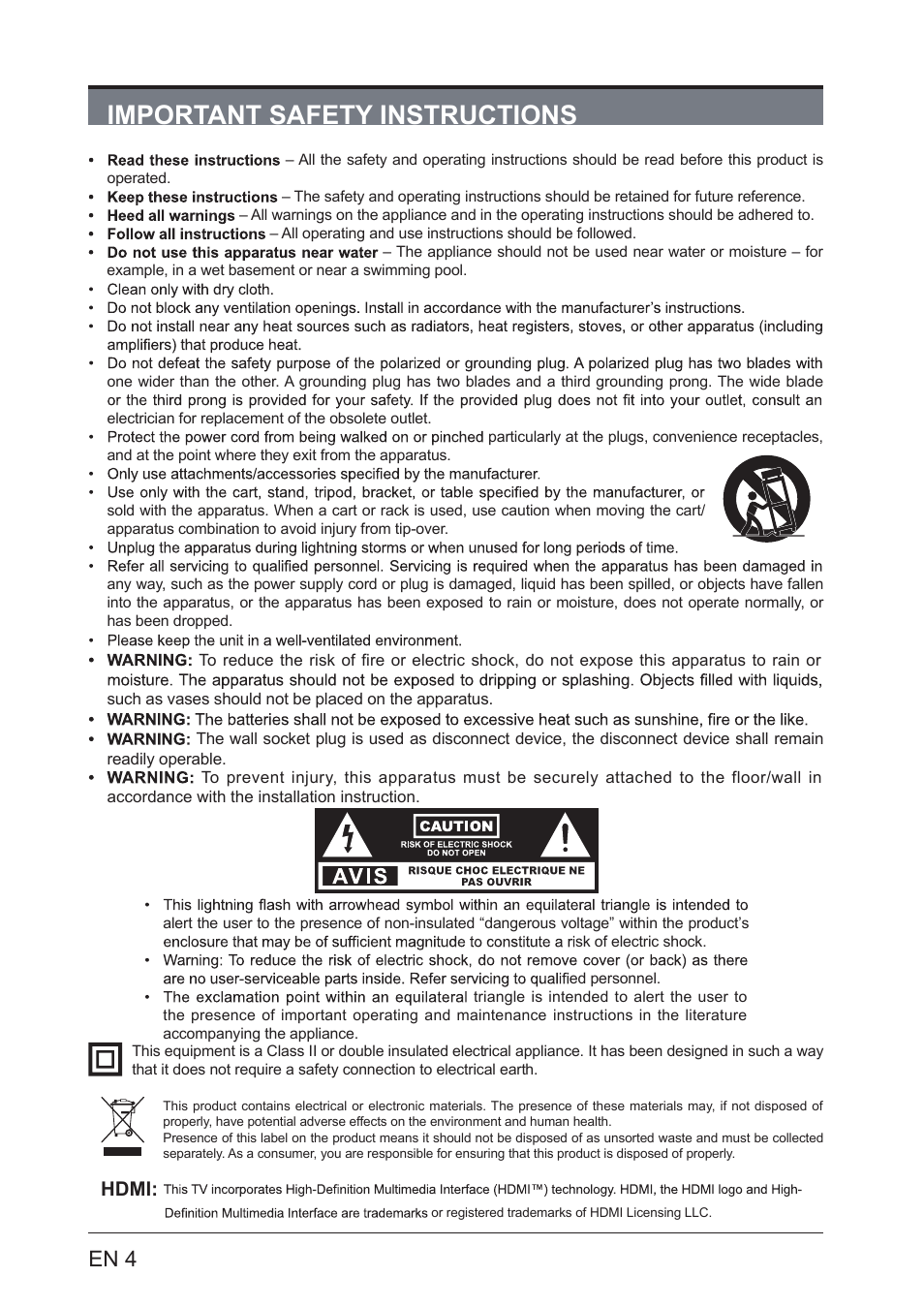 Important safety instructions, En 4, Hdmi | Lenco LED-4801 User Manual | Page 4 / 33